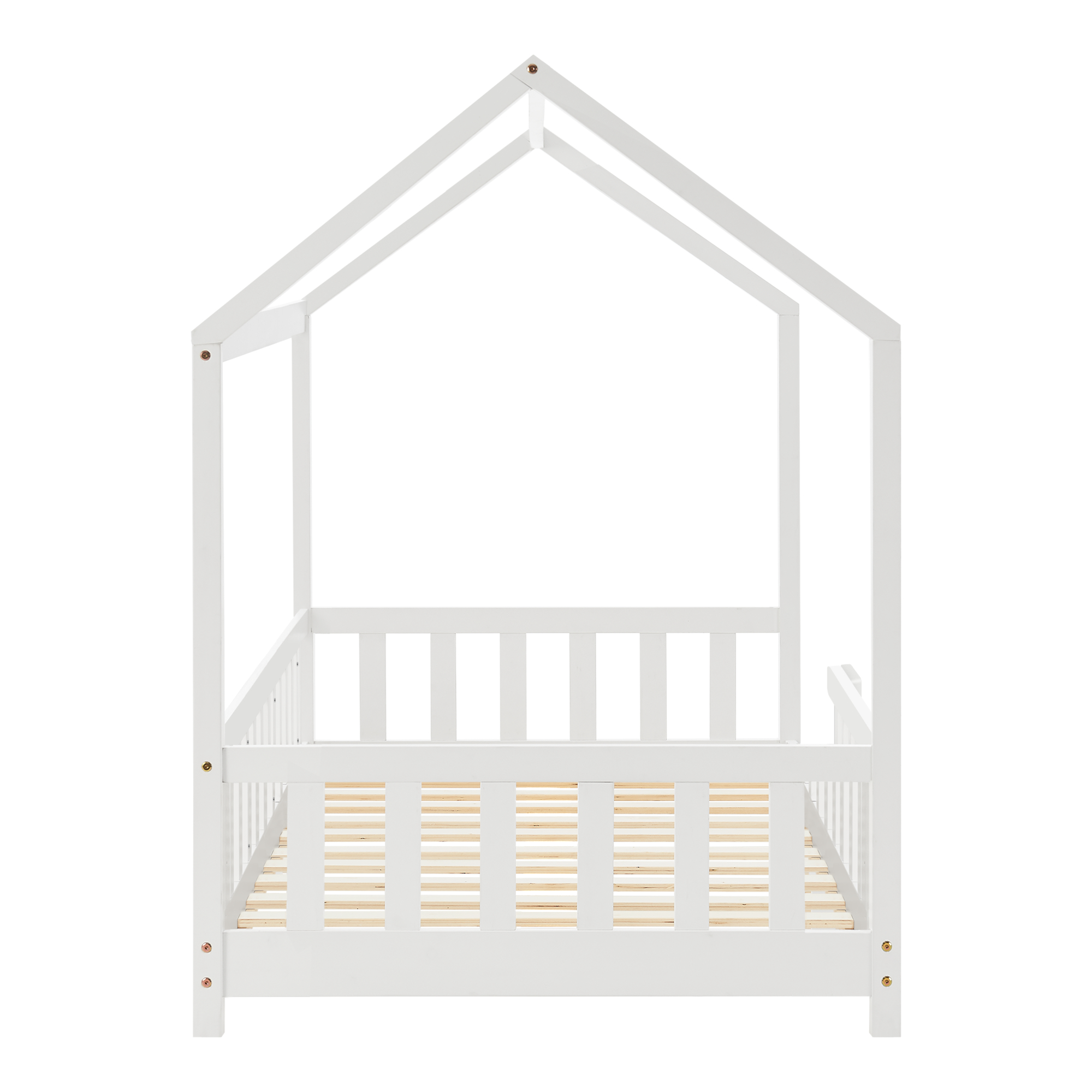 Pat copii tip căsuță Hesel 90x200 cm cu saltea și protecție, alb