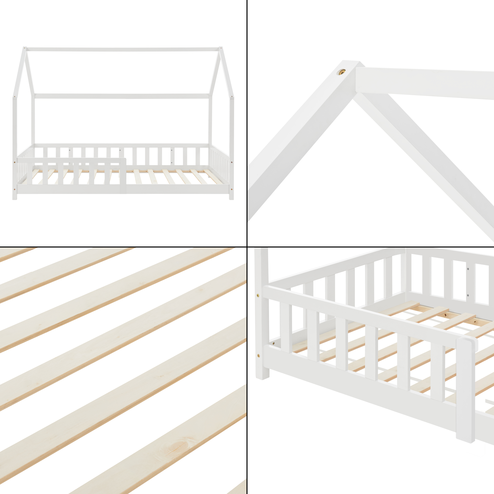 Pat copii tip căsuță Hesel 90x200 cm cu saltea și protecție, alb