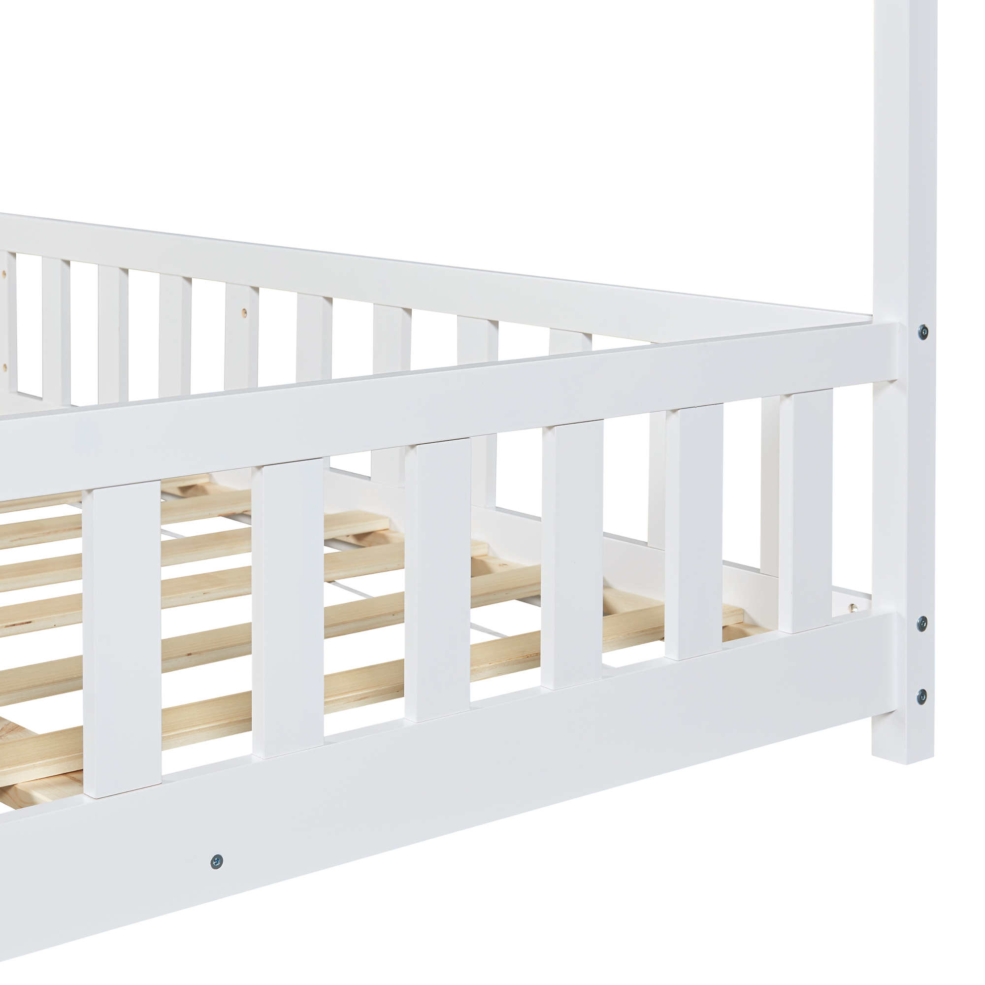 Pat copii tip căsuță Hesel 120x200 cm alb, cu protecție anti-cădere
