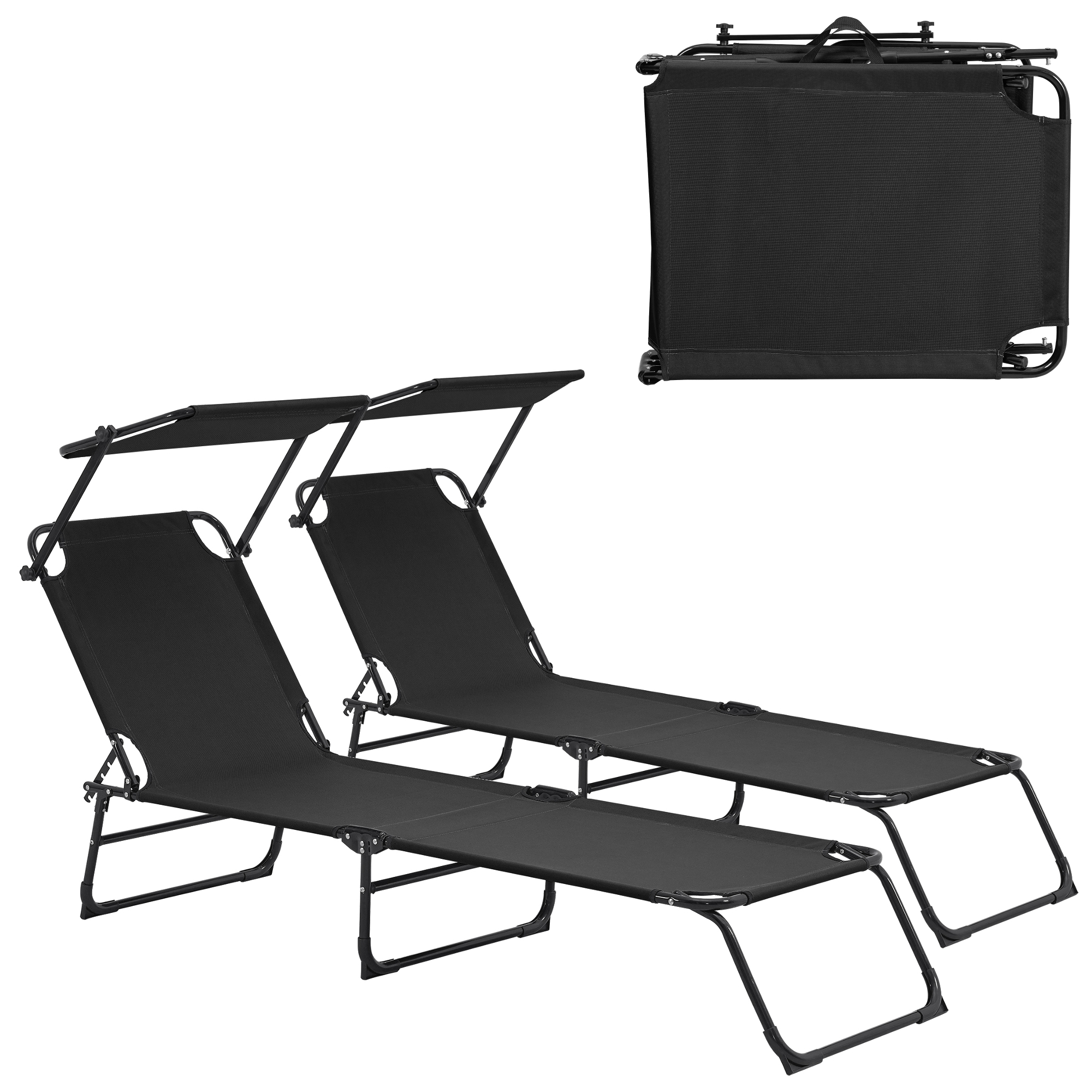 Set 2 șezlonguri pliante cu parasolar reglabil, negre, 187x53 cm