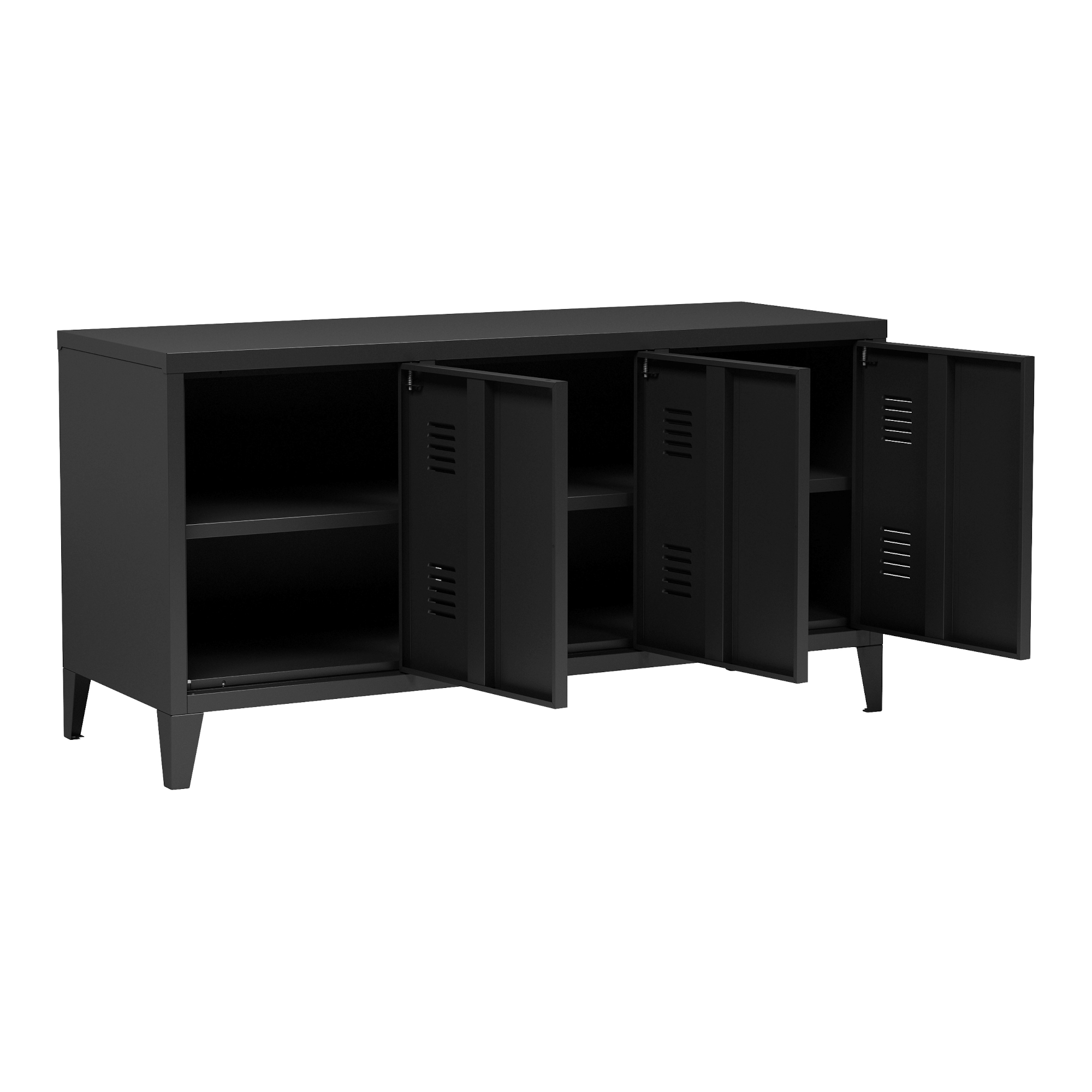 Comodă TV metalică Kotka, neagră, cu 3 uși și spațiu de depozitare