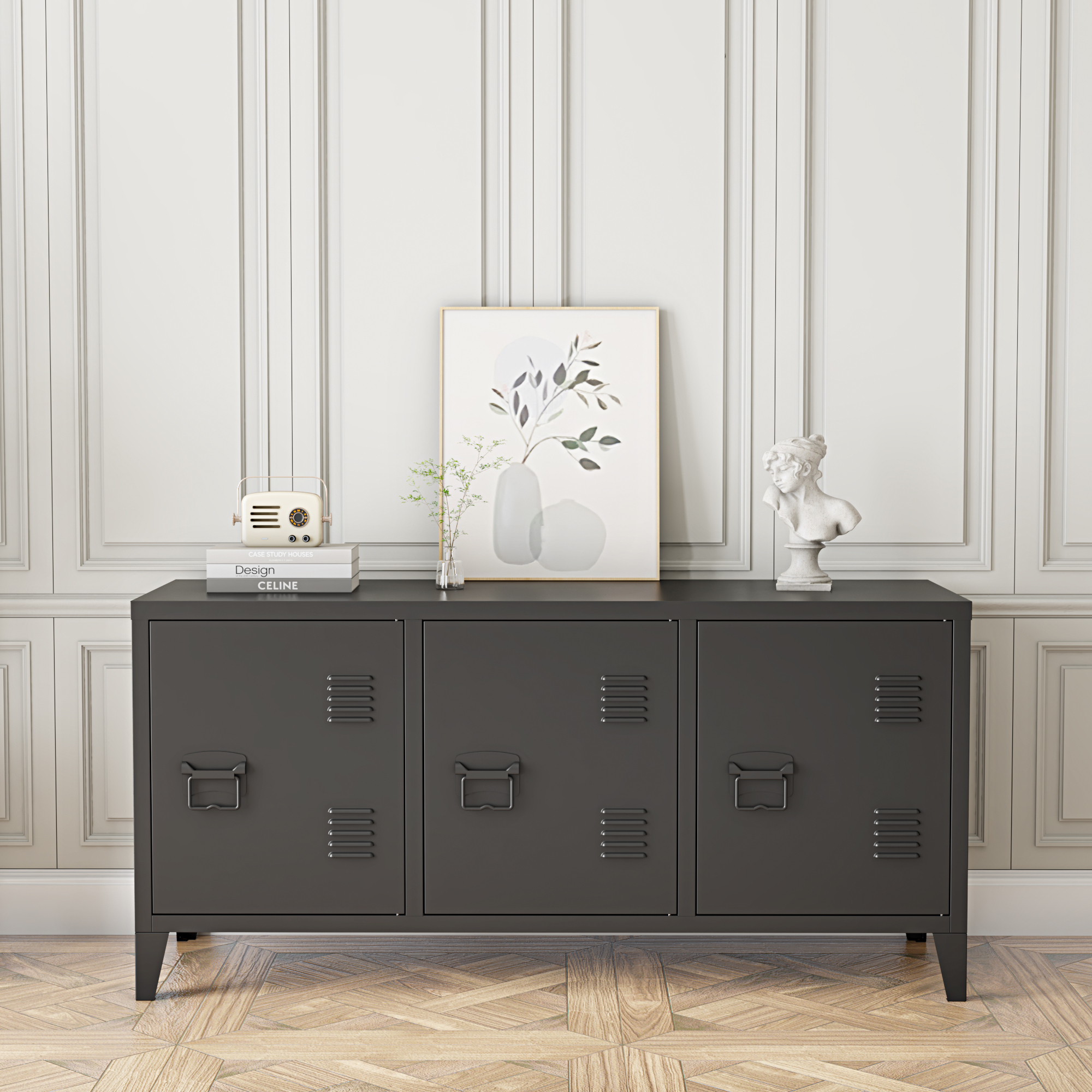 Comodă TV metalică Kotka, neagră, cu 3 uși și spațiu de depozitare