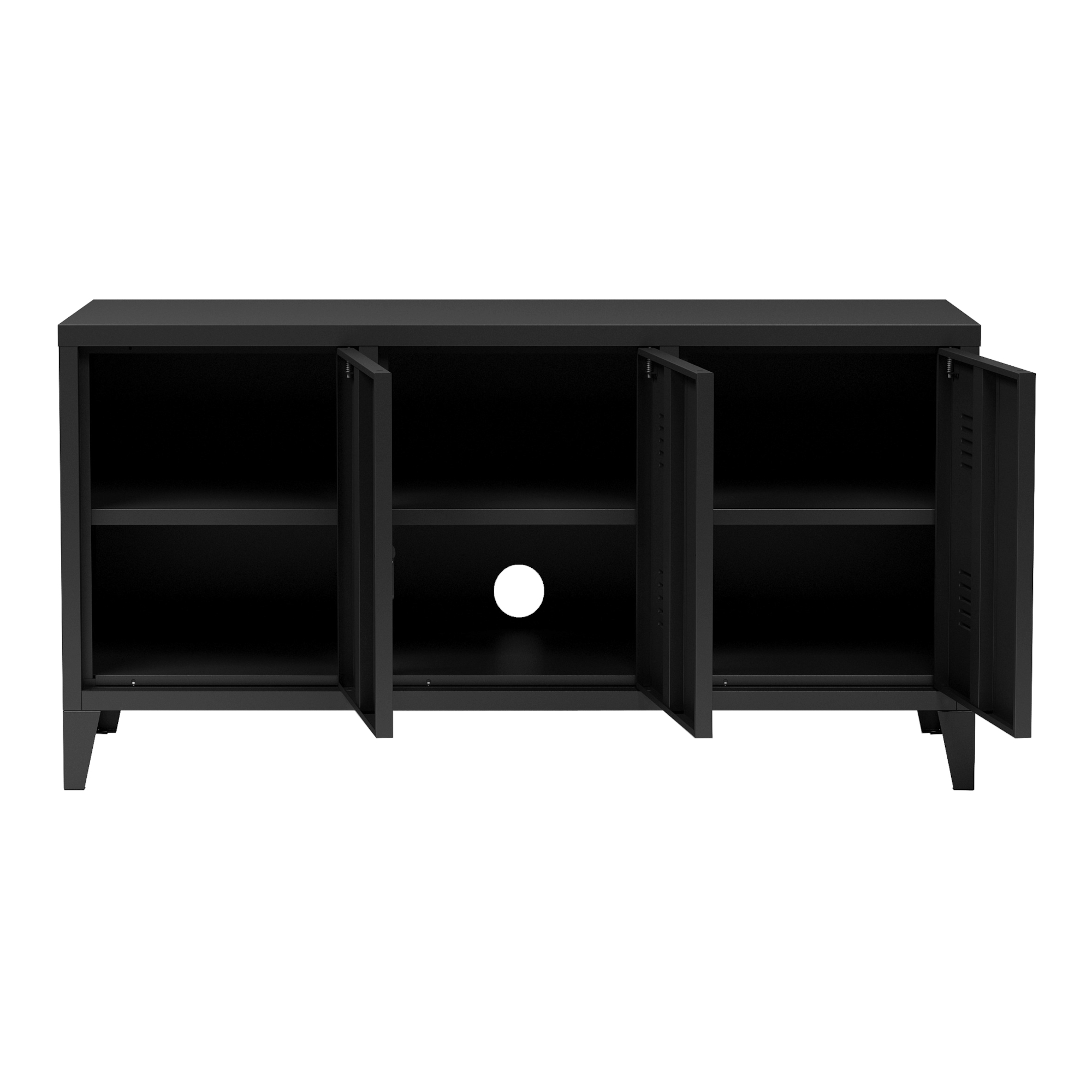Comodă TV metalică Kotka, neagră, cu 3 uși și spațiu de depozitare