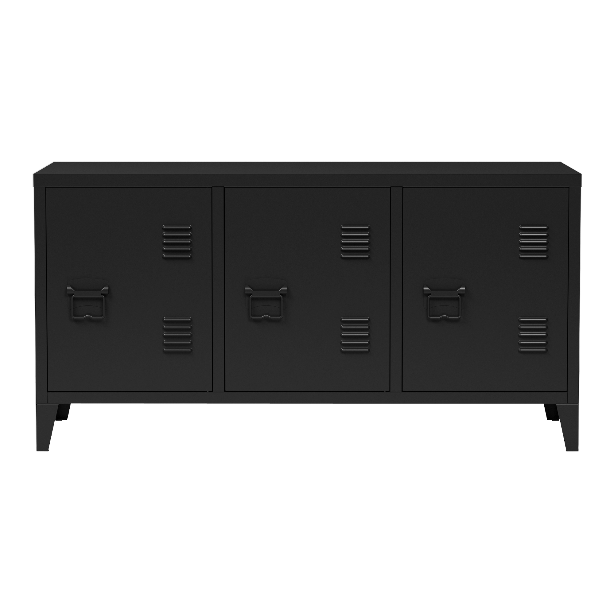 Comodă TV metalică Kotka, neagră, cu 3 uși și spațiu de depozitare