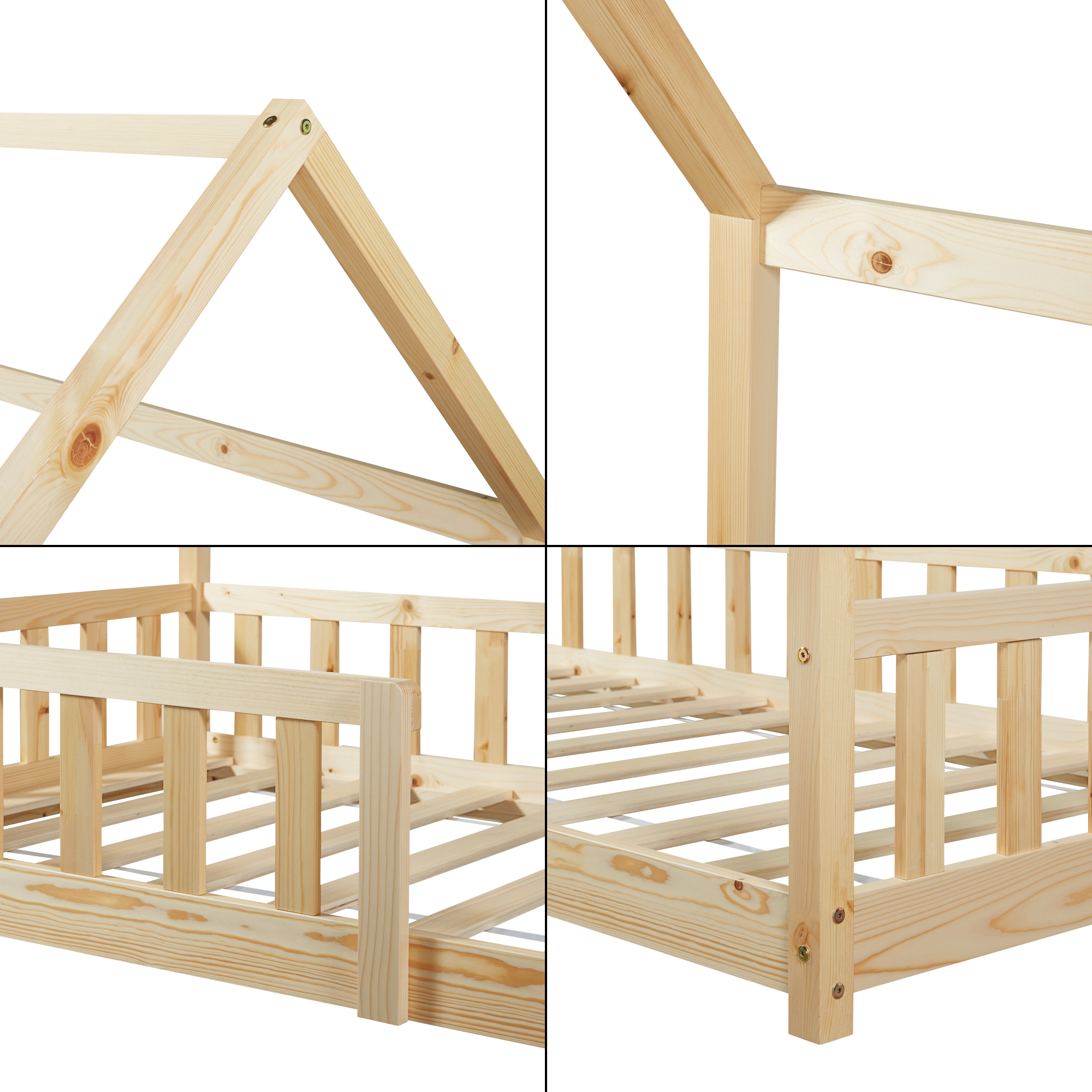 Pat copii tip căsuță 90x200 cm din lemn, cu saltea și protecție