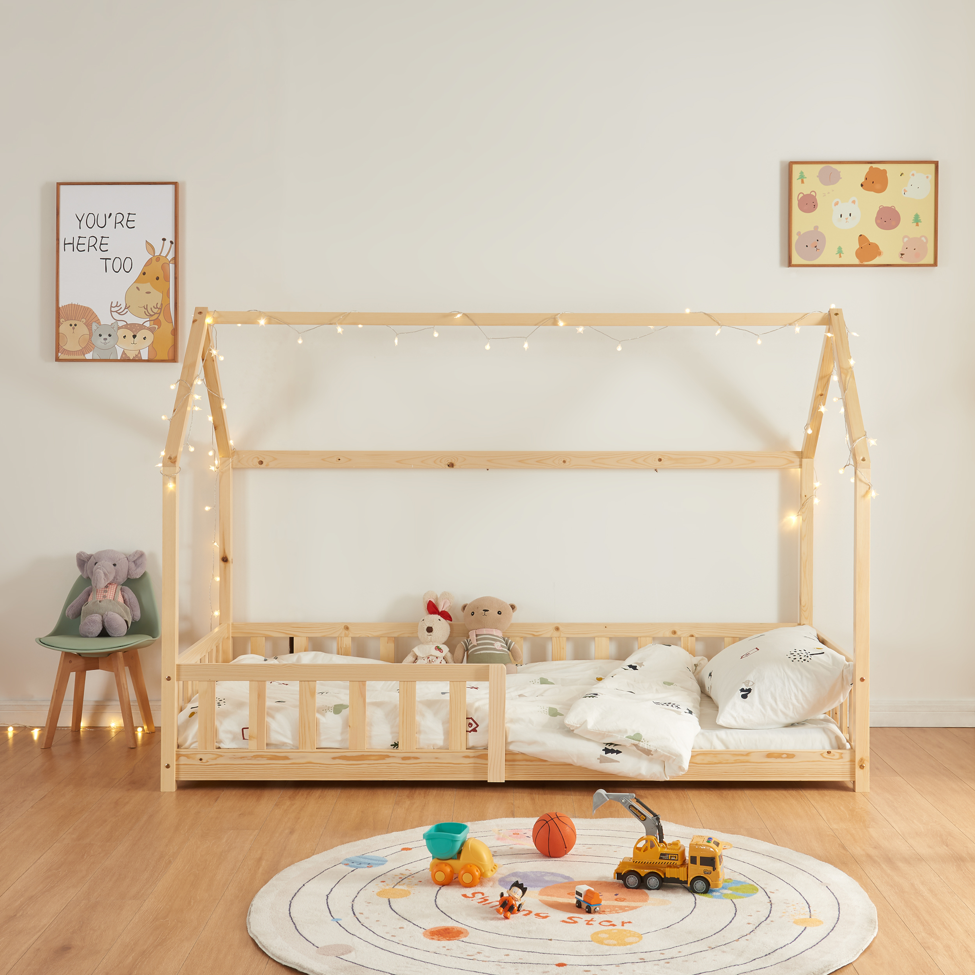 Pat copii tip căsuță 90x200 cm din lemn, cu saltea și protecție