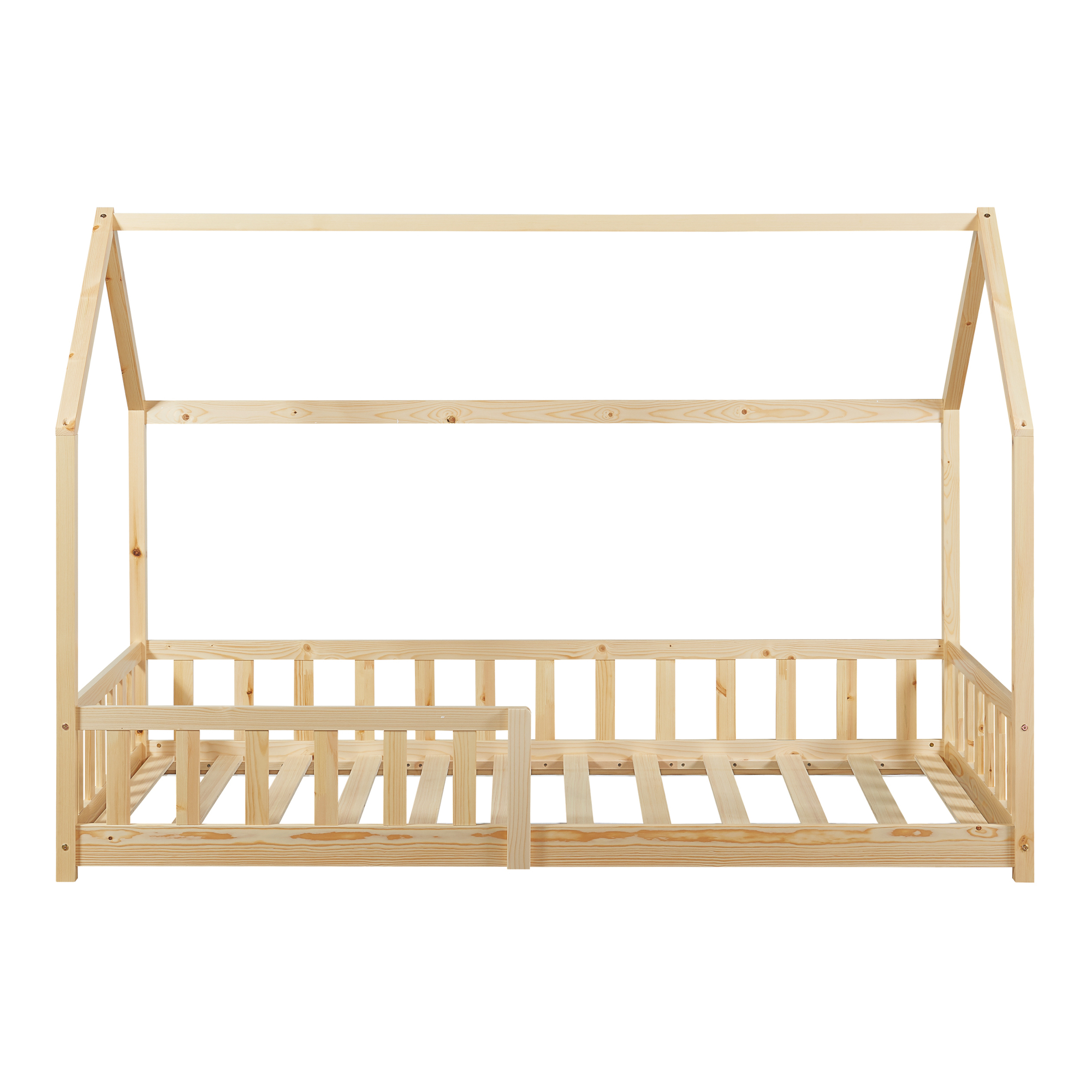 Pat copii tip căsuță 90x200 cm din lemn, cu saltea și protecție