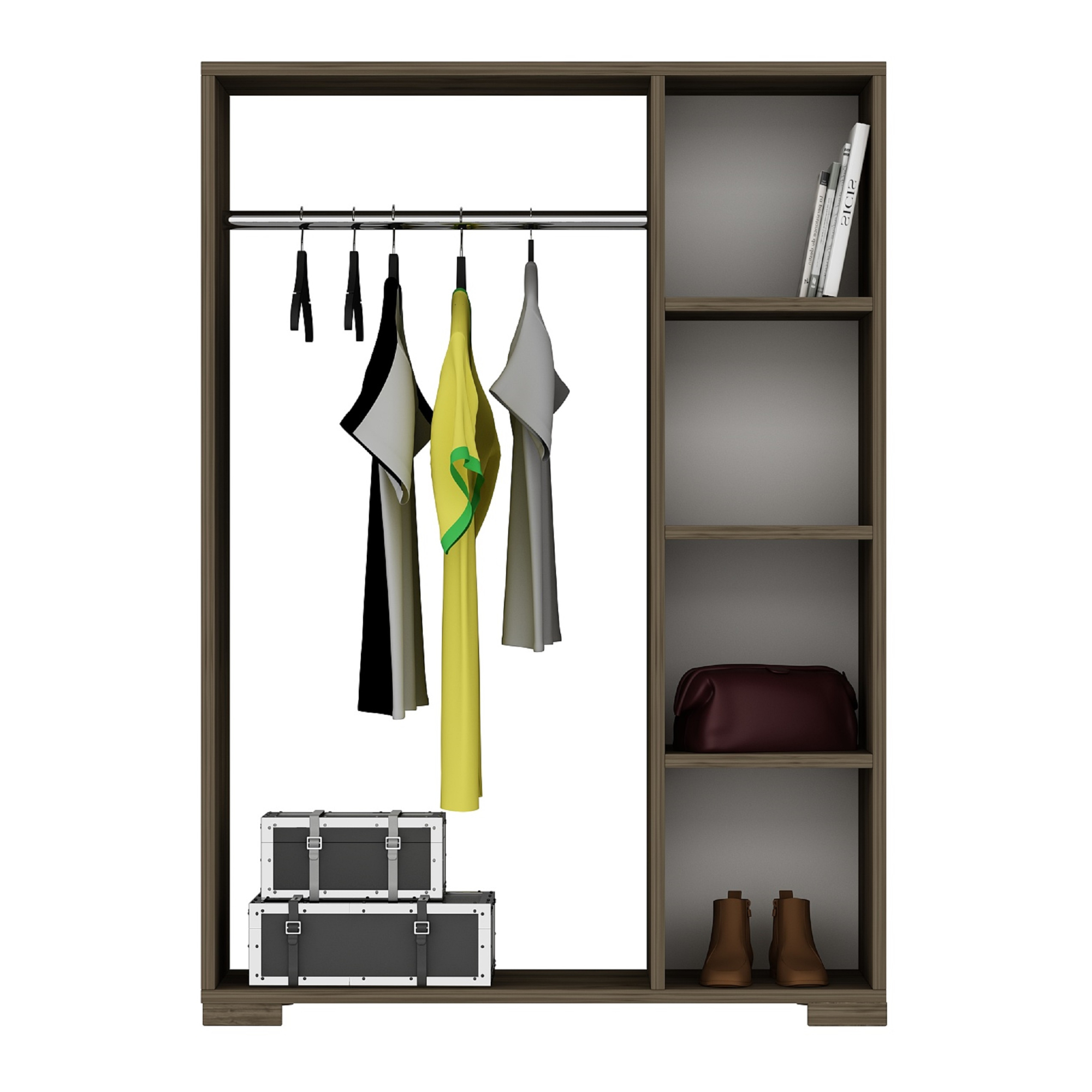 Dulap pentru haine deschis Nesbyen, aspect nuc, cu bară și 4 rafturi