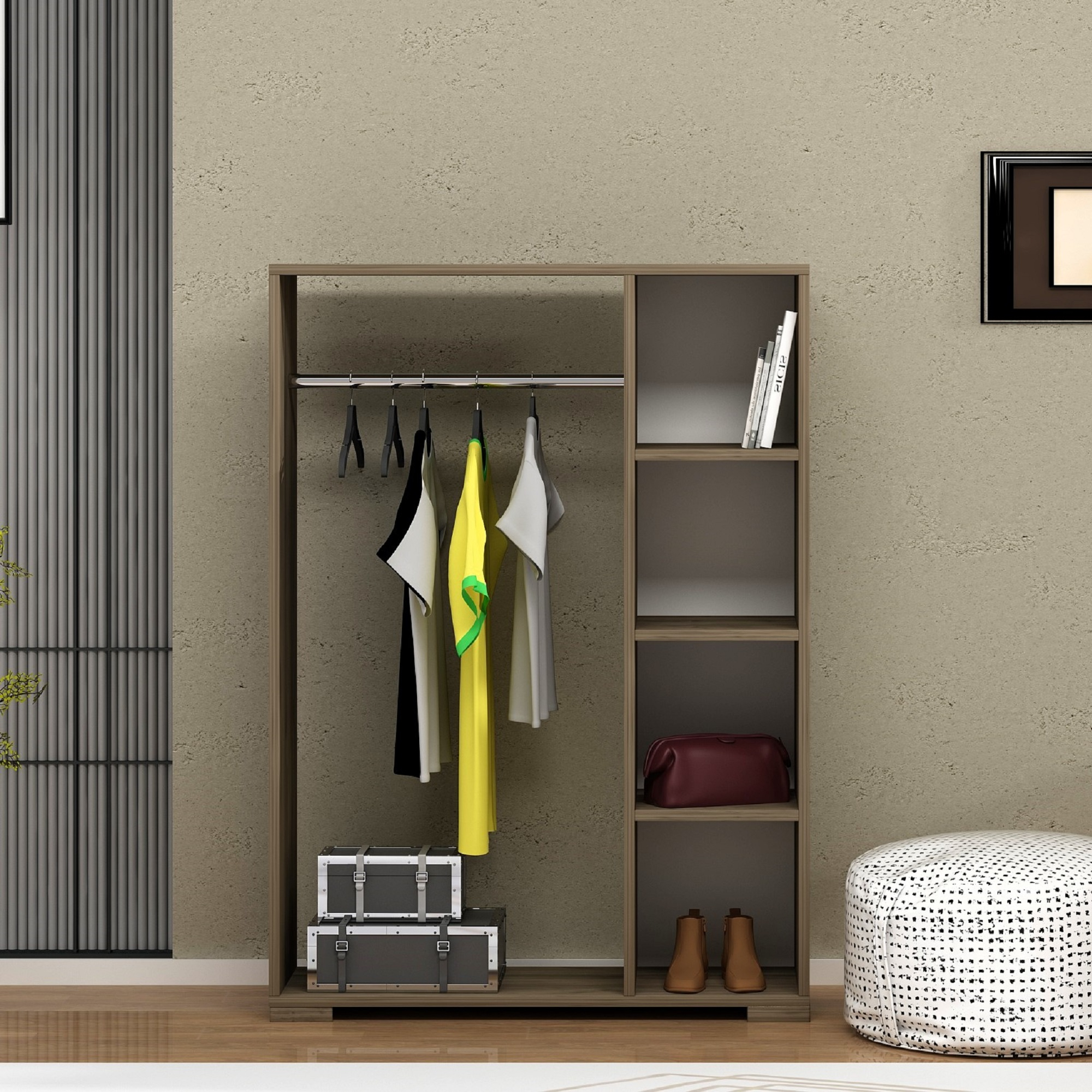 Dulap pentru haine deschis Nesbyen, aspect nuc, cu bară și 4 rafturi