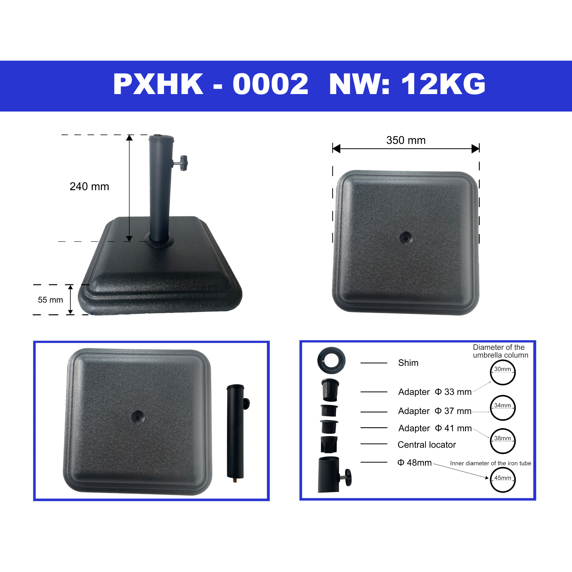 Suport pentru umbrelă Biccari din beton, negru, 35x35x5,5 cm, 12 kg