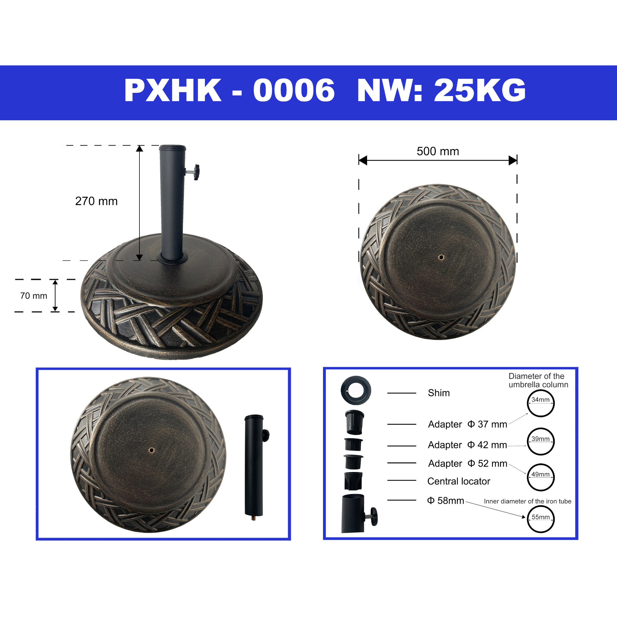 Suport pentru umbrelă de soare Bisegna din beton, bronz, 25 kg