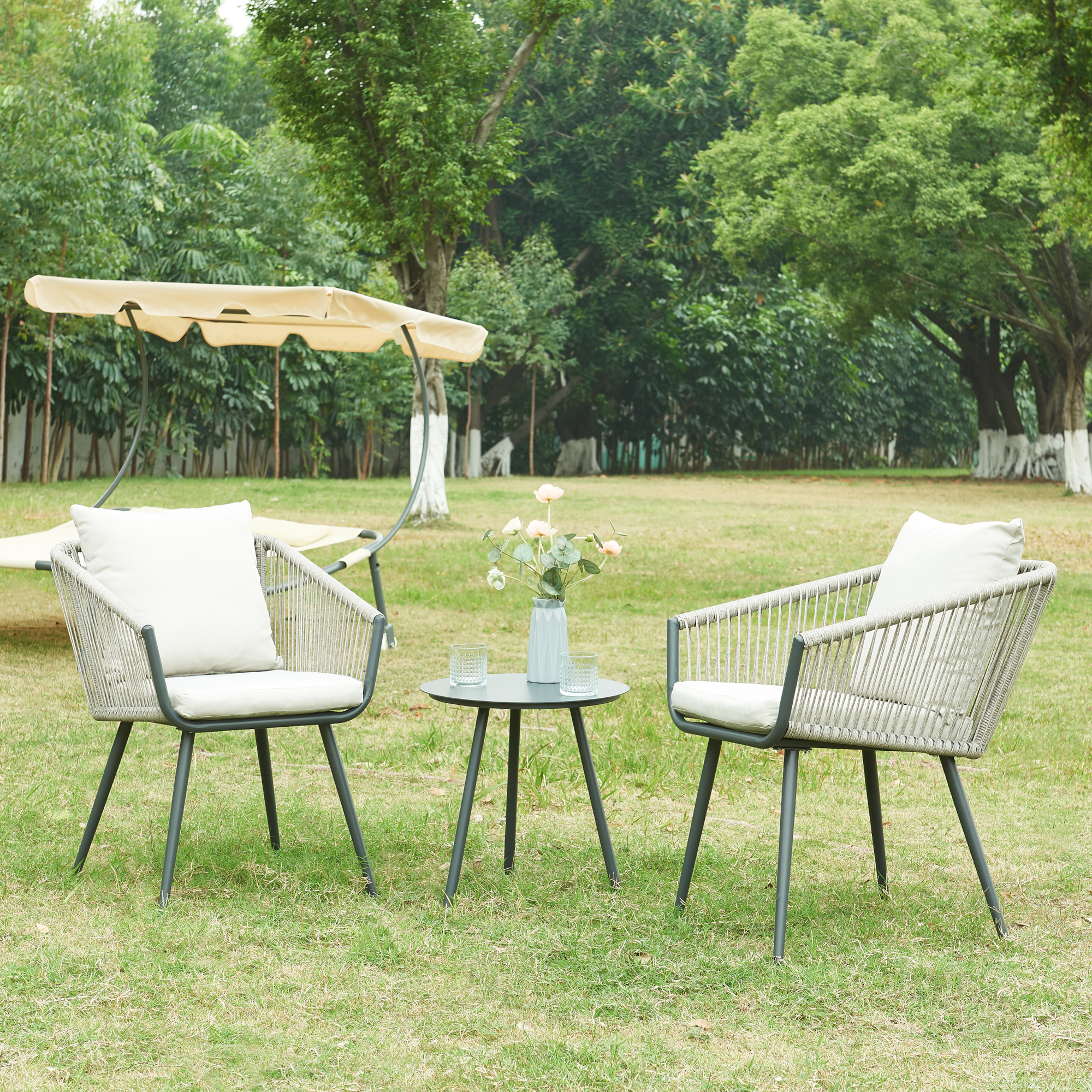 Set mobilier de grădină Abriola, 3 piese, gri, cu masă și 2 scaune