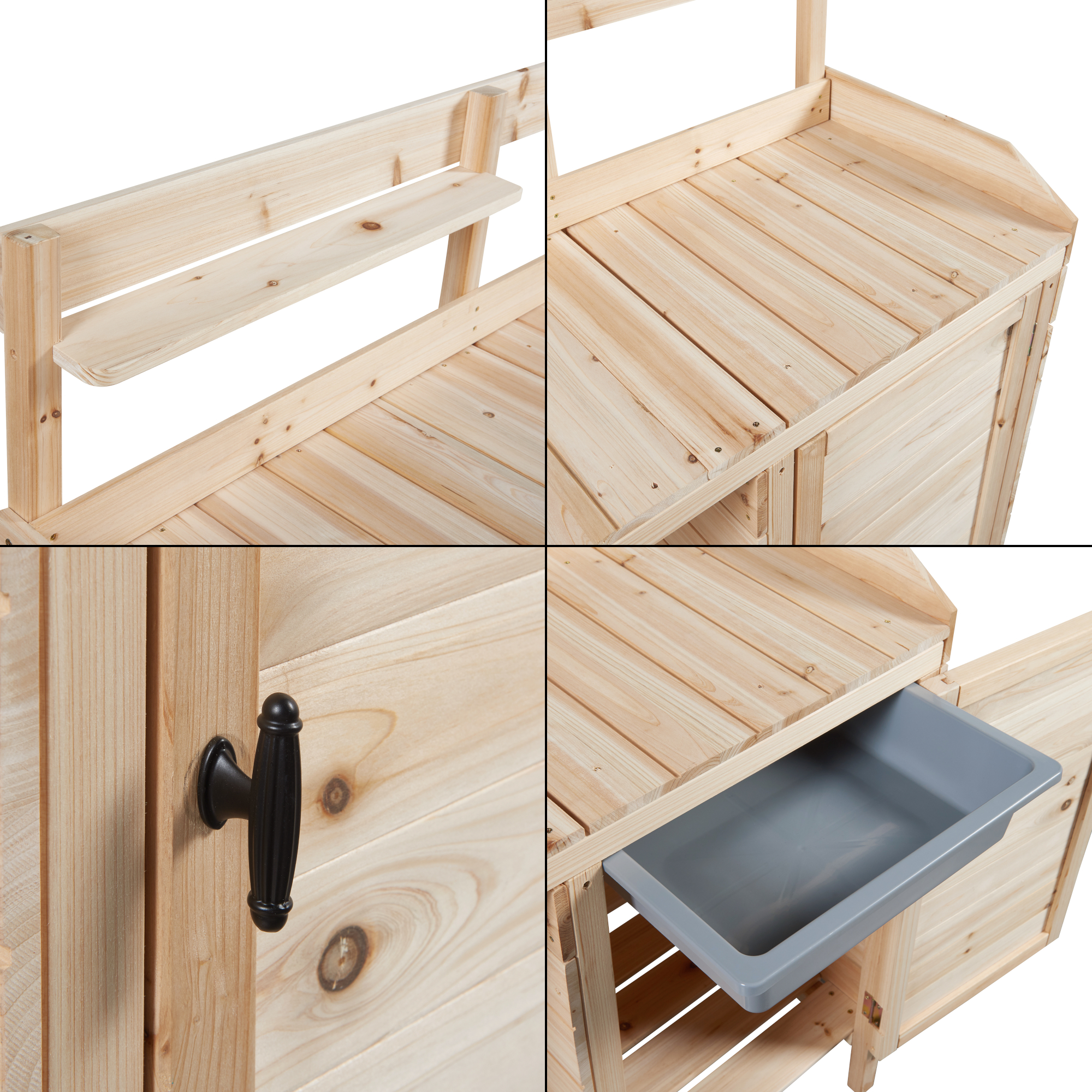 Masă de plantare Alessano din lemn de brad cu dulap și rafturi