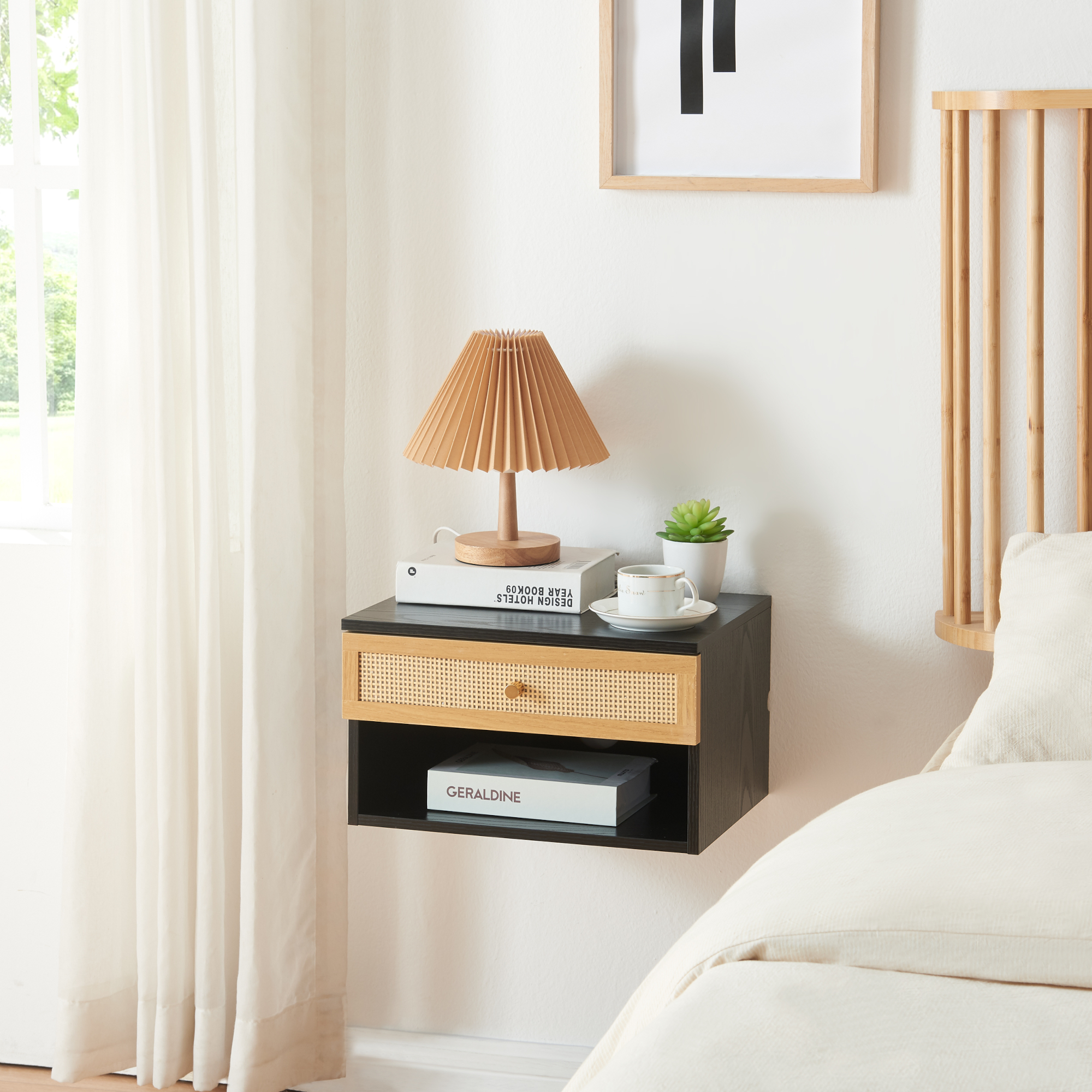 Raft suspendat Eiker cu sertar și aspect ratan, negru, 40x32x23 cm