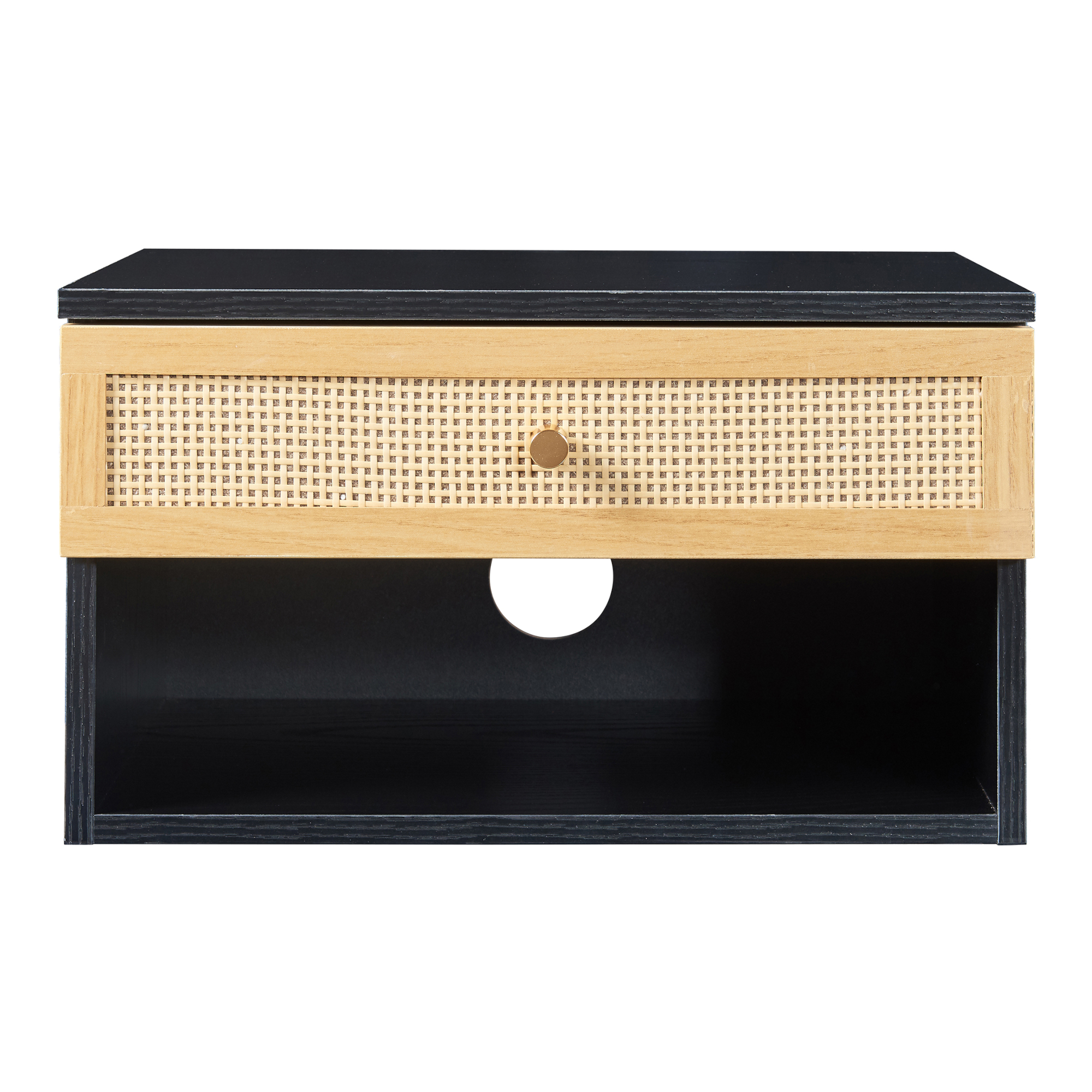 Raft suspendat Eiker cu sertar și aspect ratan, negru, 40x32x23 cm