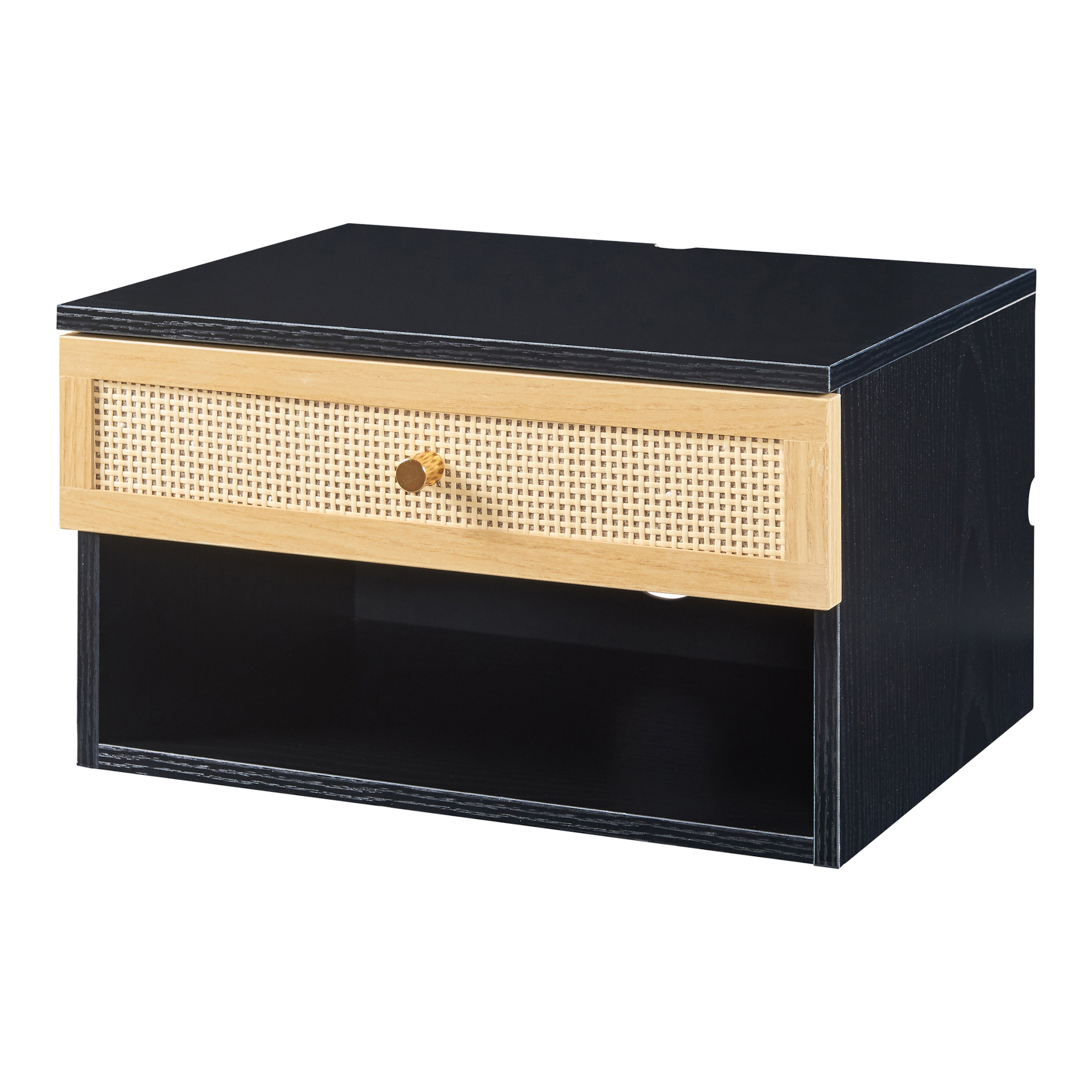 Raft suspendat Eiker cu sertar și aspect ratan, negru, 40x32x23 cm