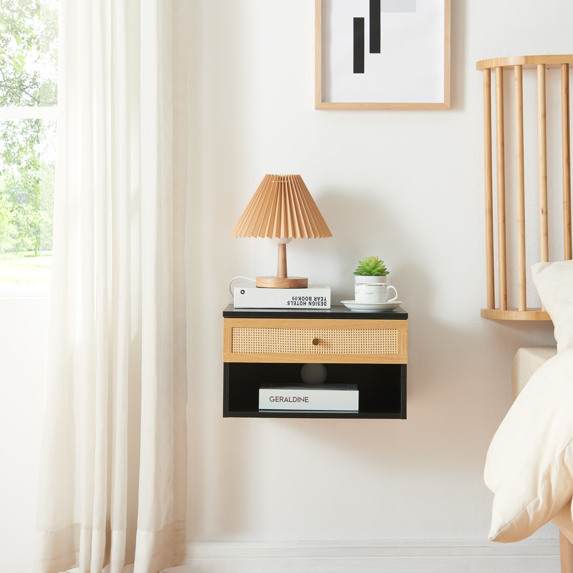 Raft suspendat Eiker cu sertar și aspect ratan, negru, 40x32x23 cm