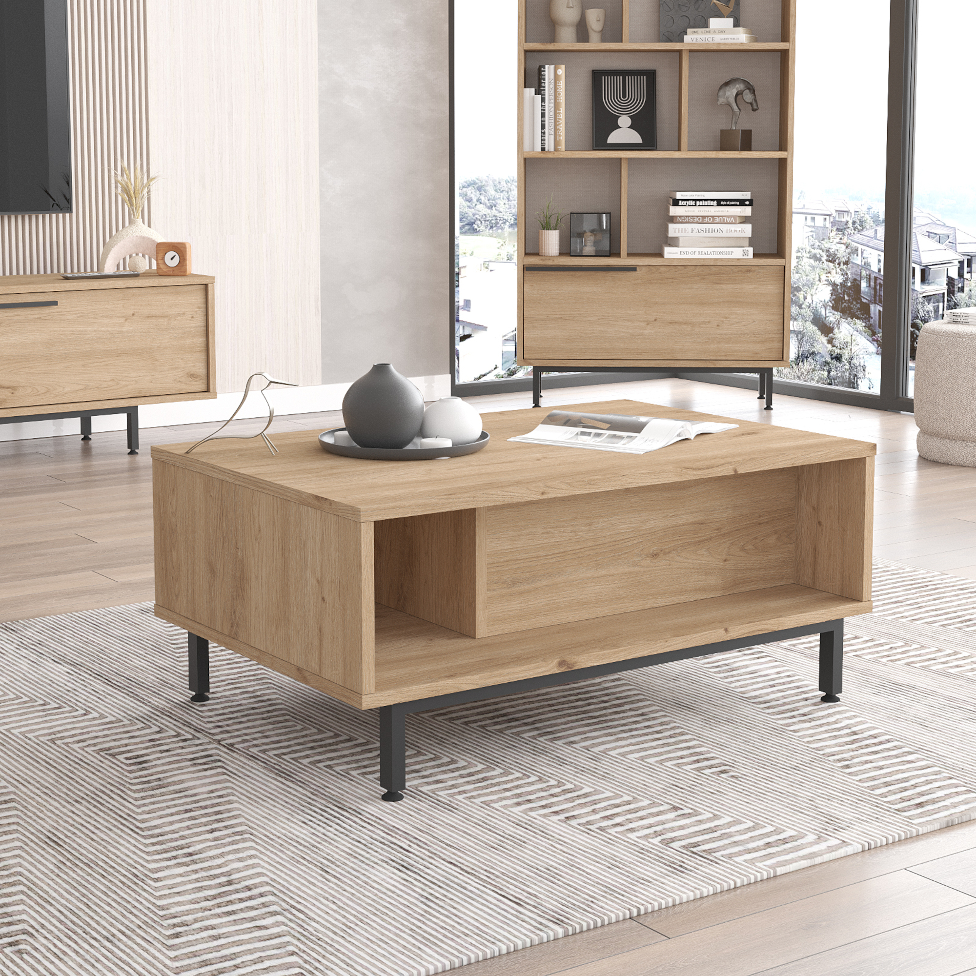 Masă de cafea Majaajo 90x60x38 cm cu depozitare, stejar și negru