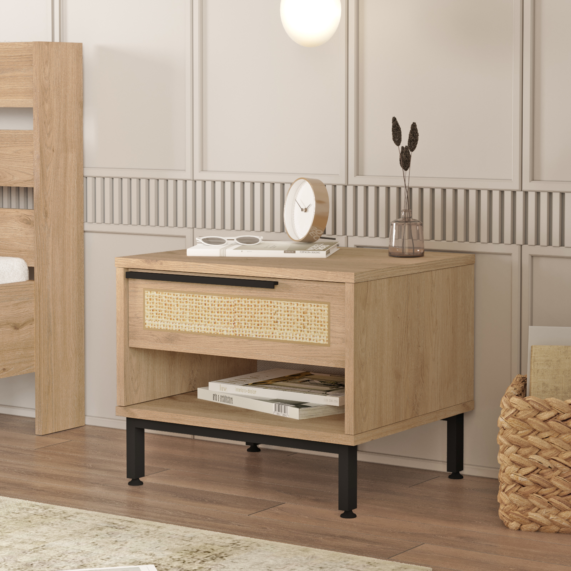 Noptieră Kvænangen cu sertar și raft, stejar și aspect rattan