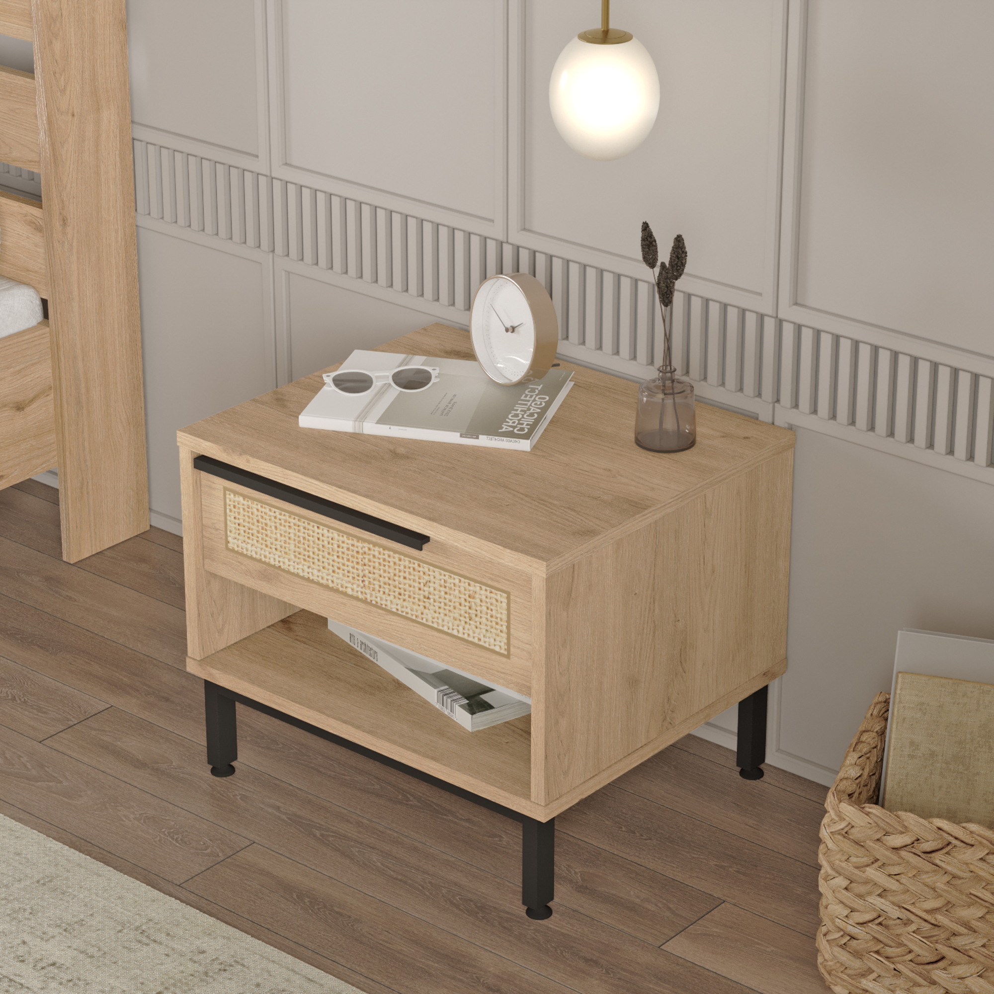 Noptieră Kvænangen cu sertar și raft, stejar și aspect rattan