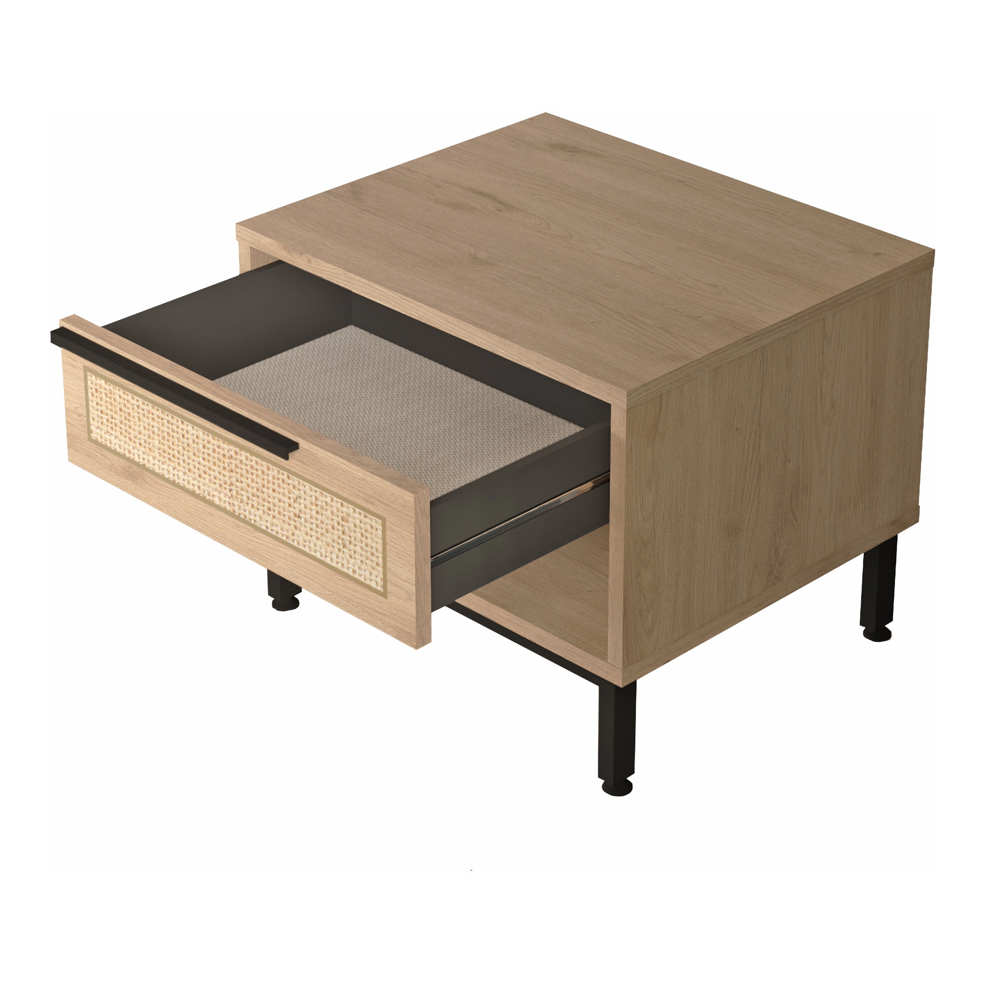 Noptieră Kvænangen cu sertar și raft, stejar și aspect rattan