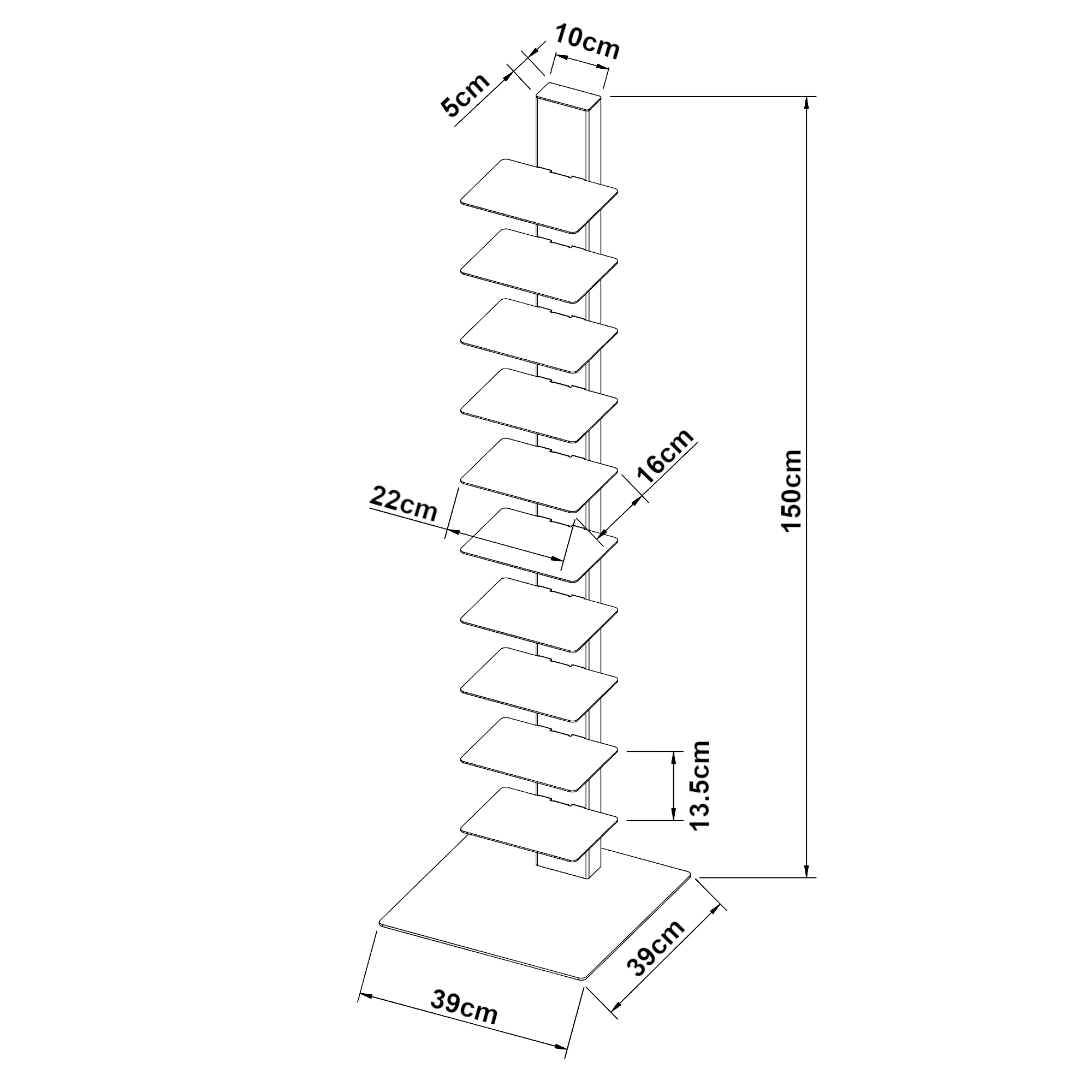 Bibliotecă îngustă albă cu 10 polițe pentru cărți și CD-uri