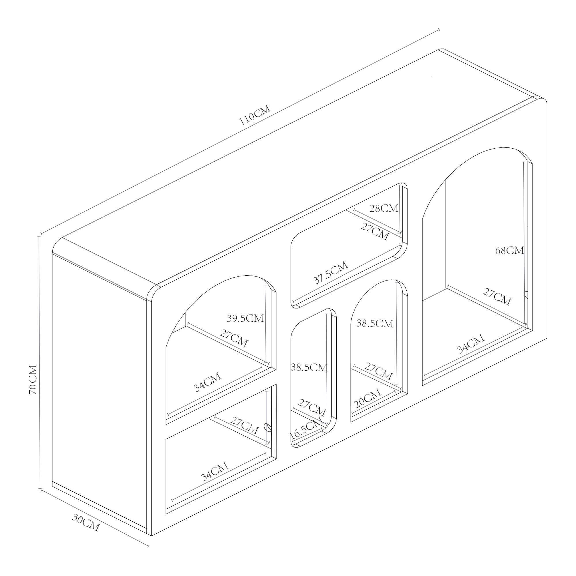 Comodă tip sideboard albă cu 6 compartimente deschise, 110x30x70 cm