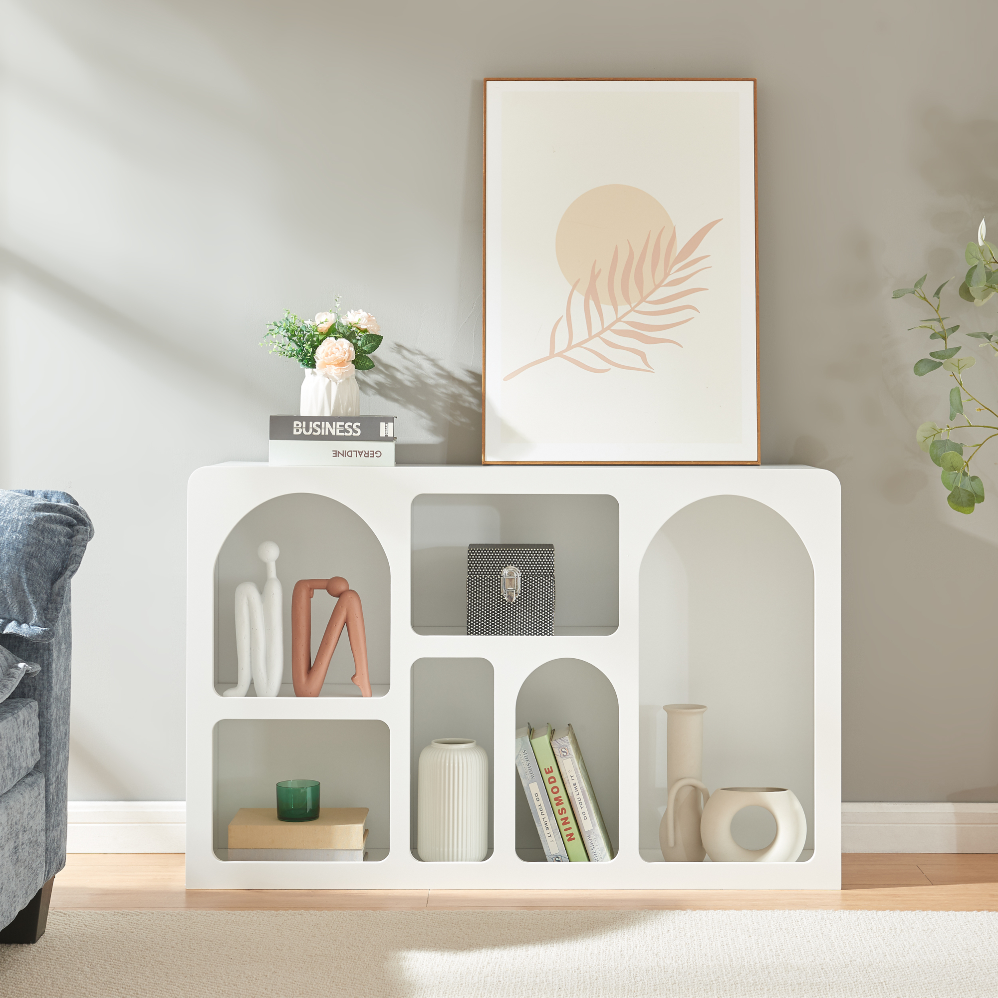 Comodă tip sideboard albă cu 6 compartimente deschise, 110x30x70 cm