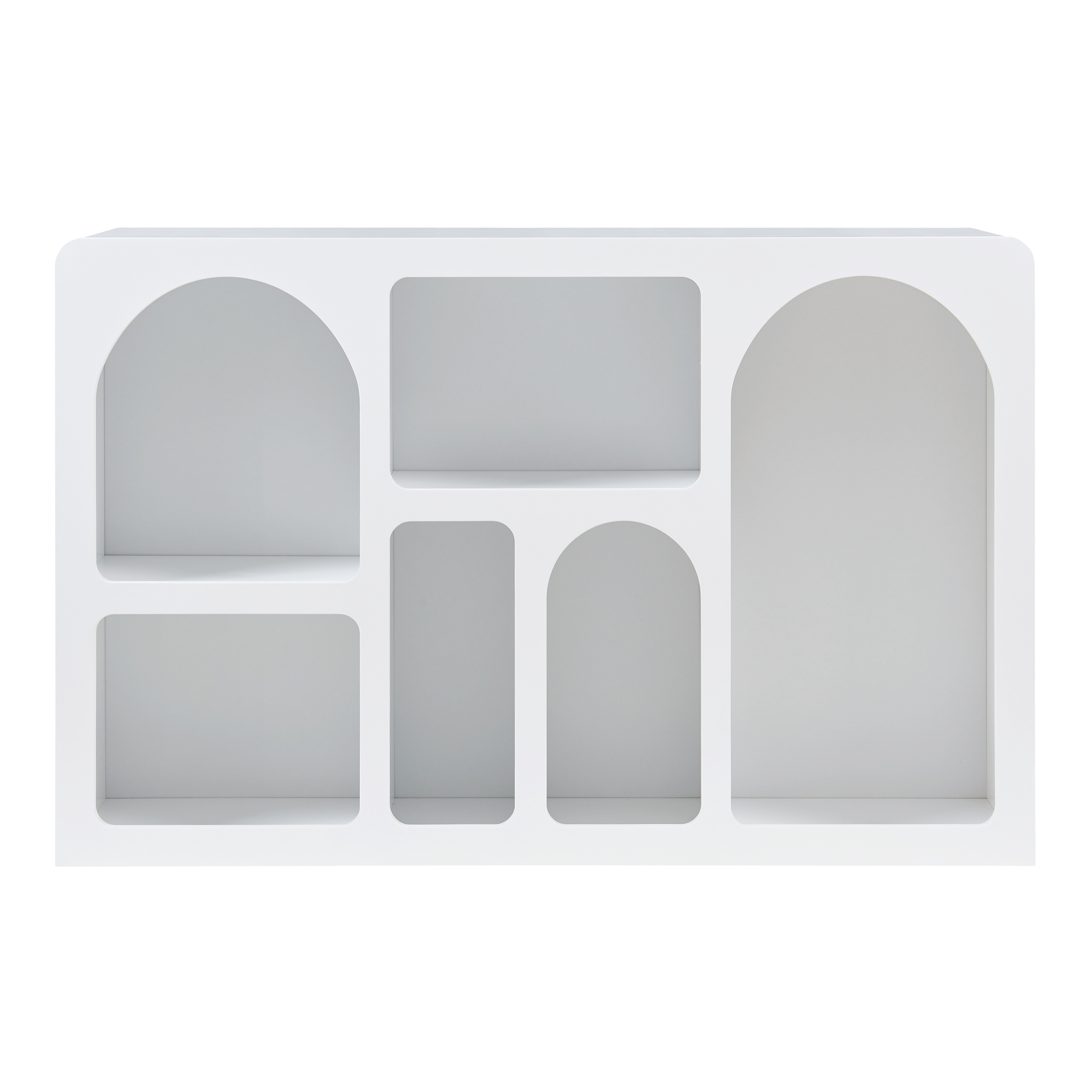 Comodă tip sideboard albă cu 6 compartimente deschise, 110x30x70 cm