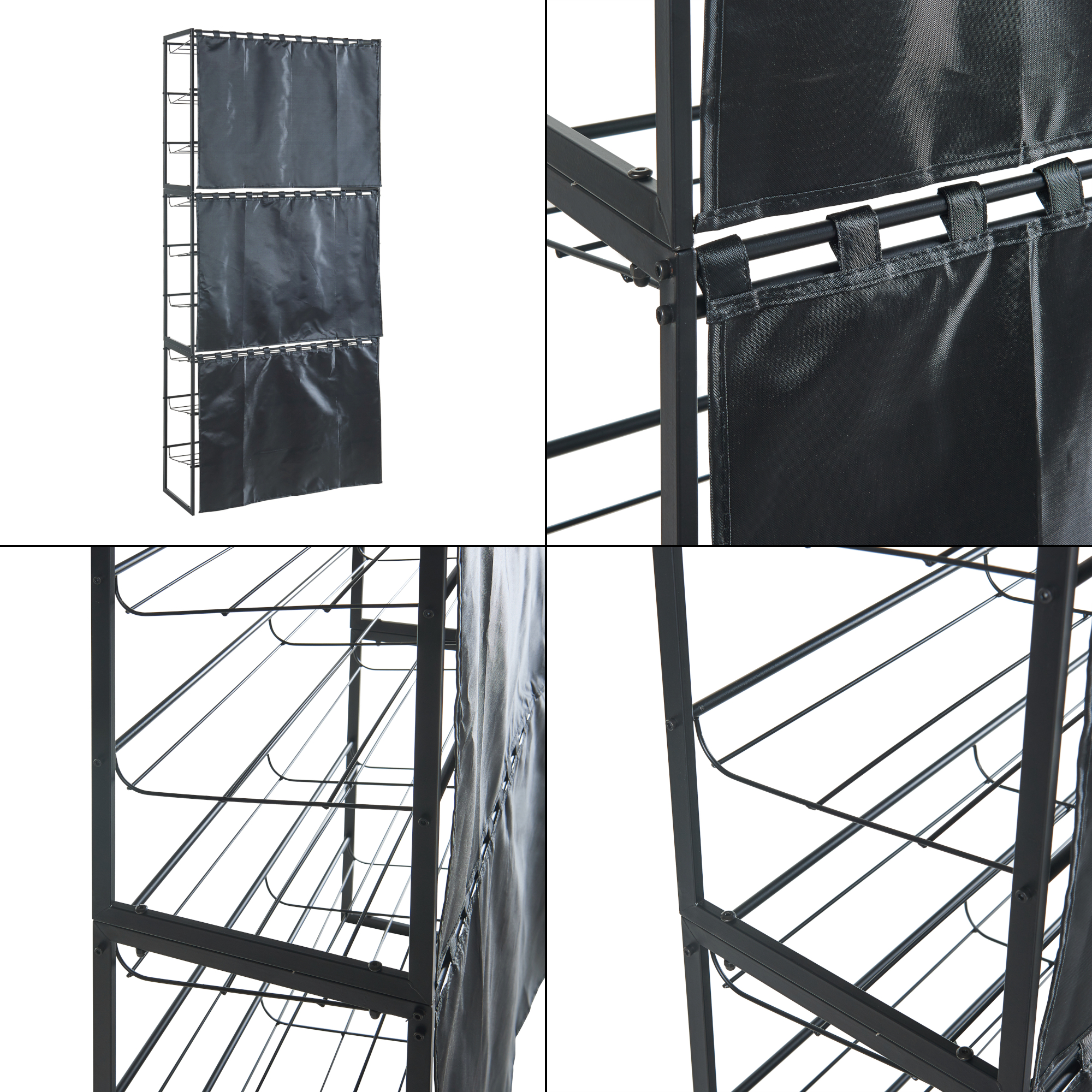 Set 3 rafturi pentru pantofi cu perdea, metal, negre, extensibile