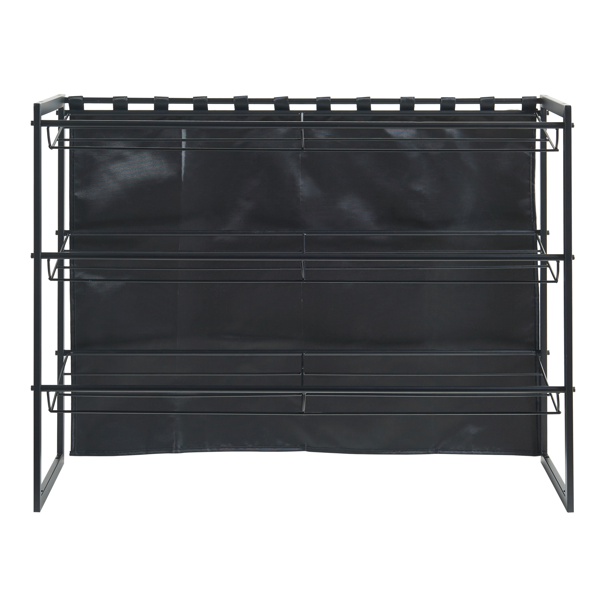 Set 3 rafturi pentru pantofi cu perdea, metal, negre, extensibile