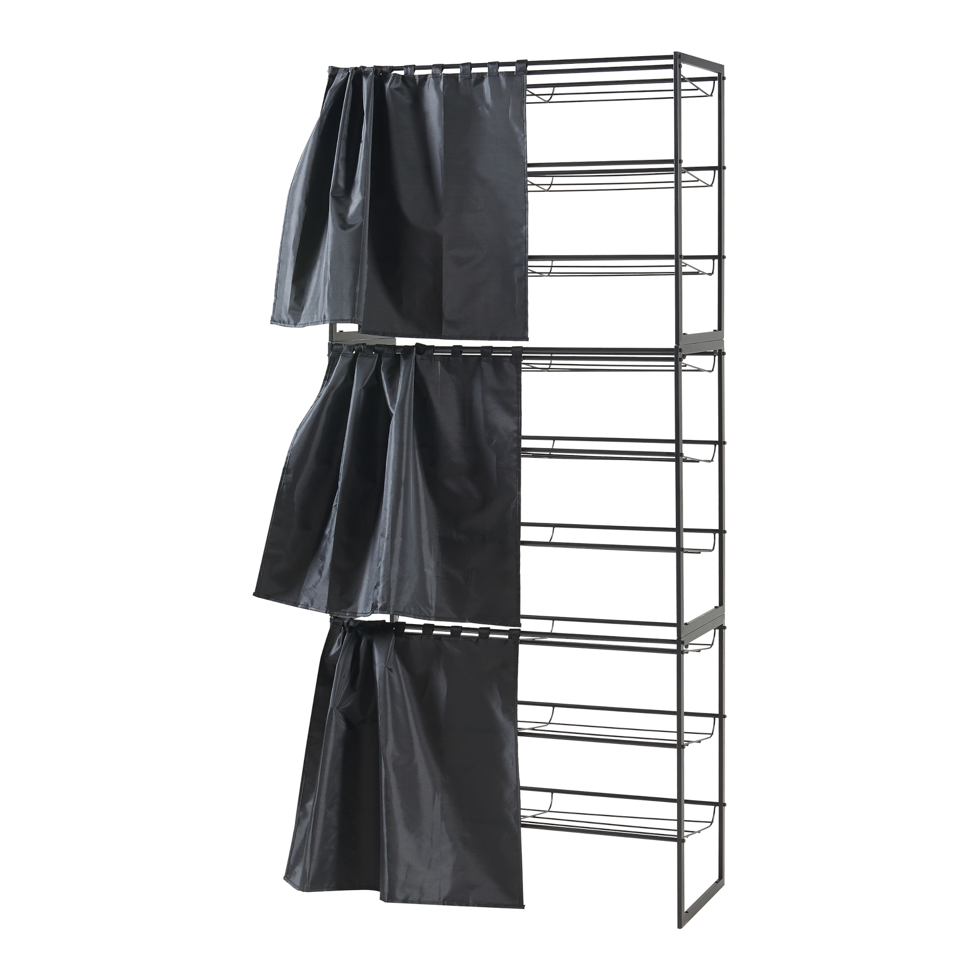 Set 3 rafturi pentru pantofi cu perdea, metal, negre, extensibile