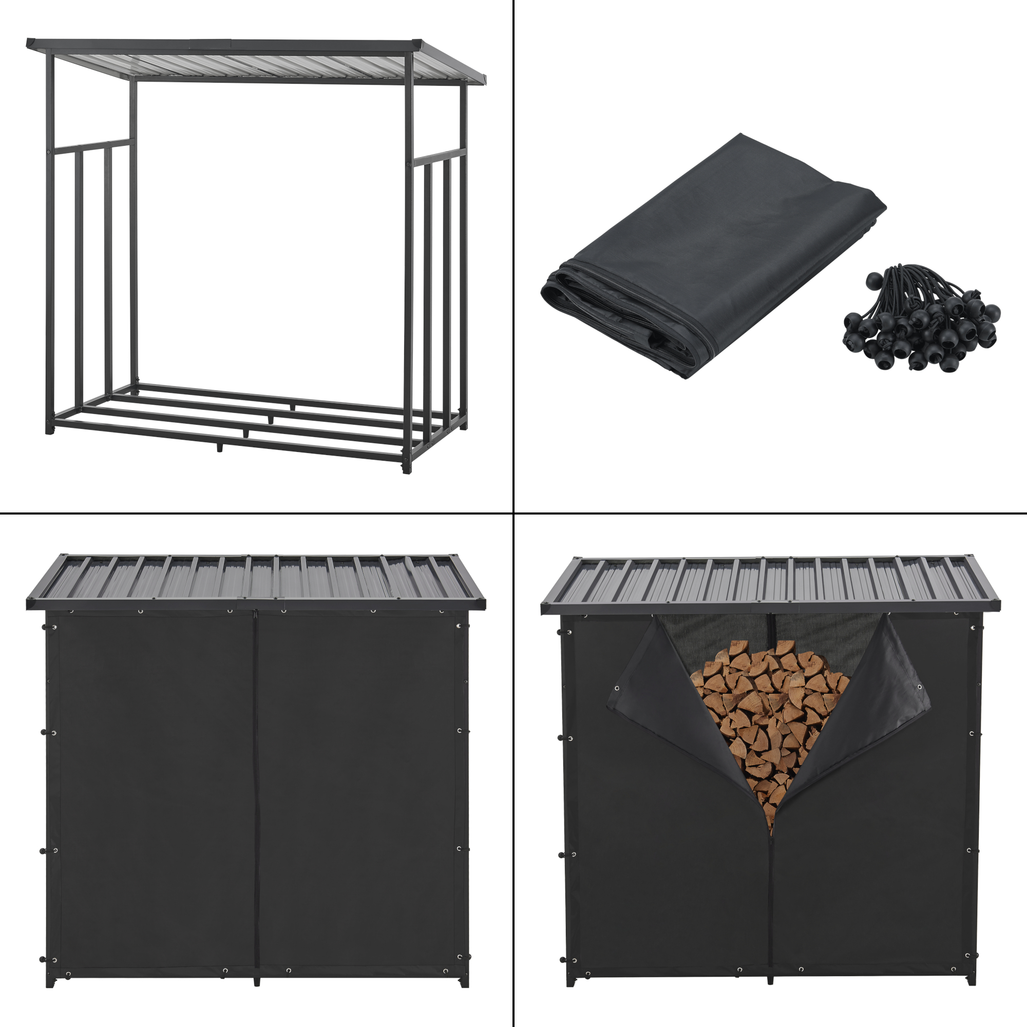 Raft pentru lemne de foc Yakutat cu prelată, negru, 145x143x70 cm