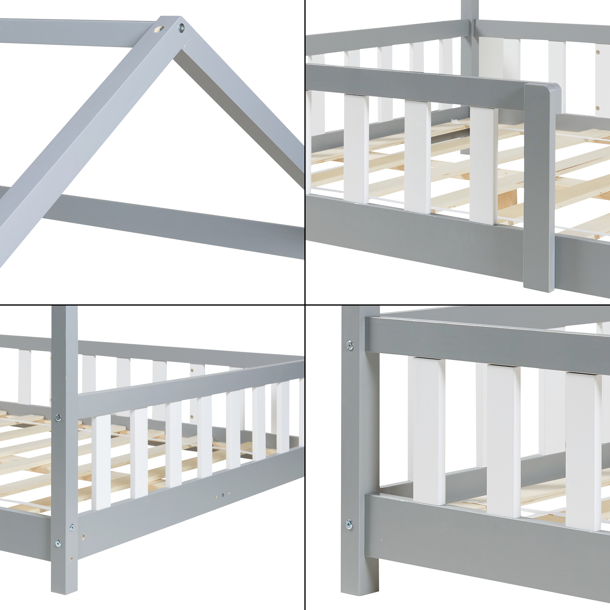 Pat copii tip casă Hesel 140x200 cm gri, cu saltea și protecție