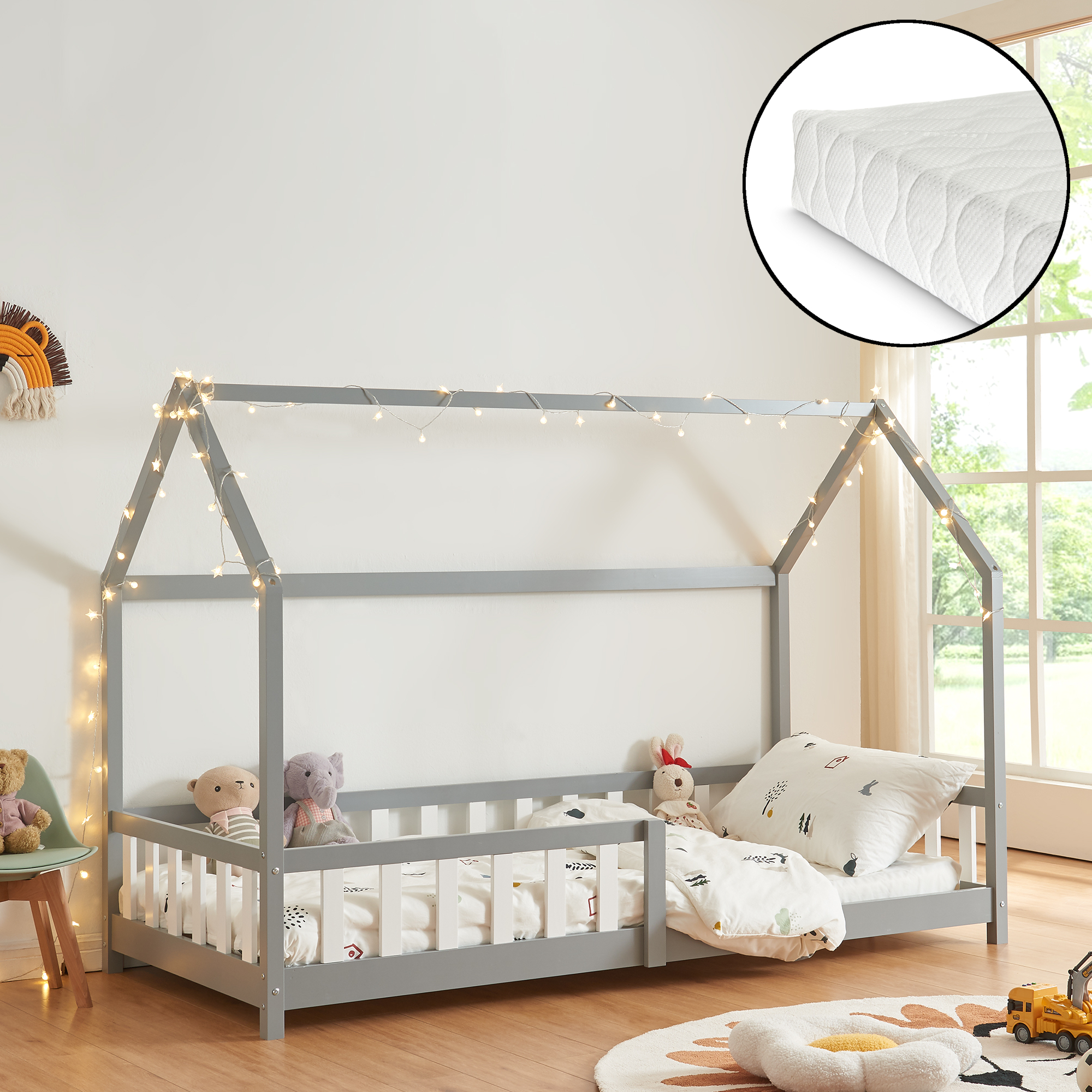 Pat copii tip căsuță Hesel 90x200 cm gri, cu saltea și protecție