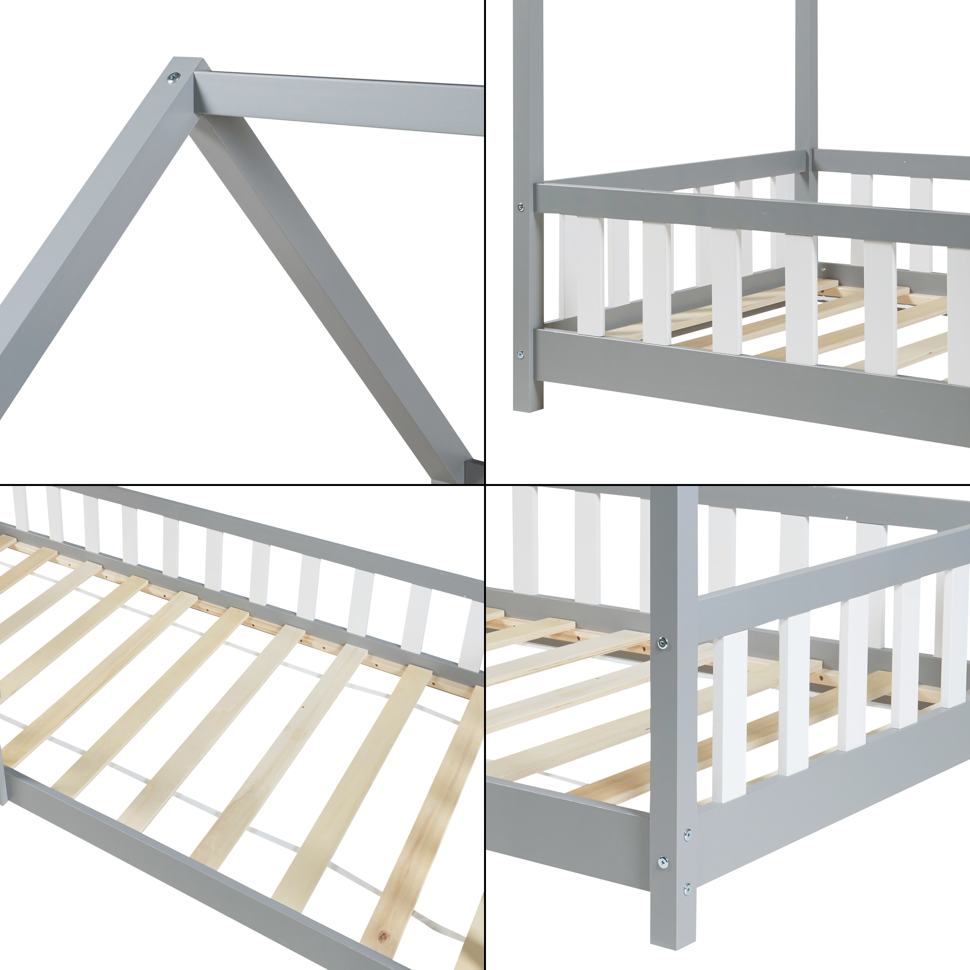 Pat copii tip căsuță Hesel 90x200 cm gri, cu saltea și protecție