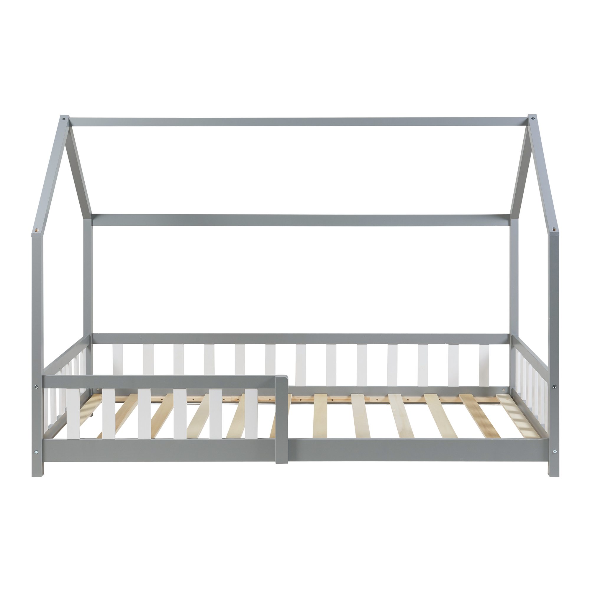 Pat copii tip căsuță Hesel 90x200 cm gri, cu saltea și protecție