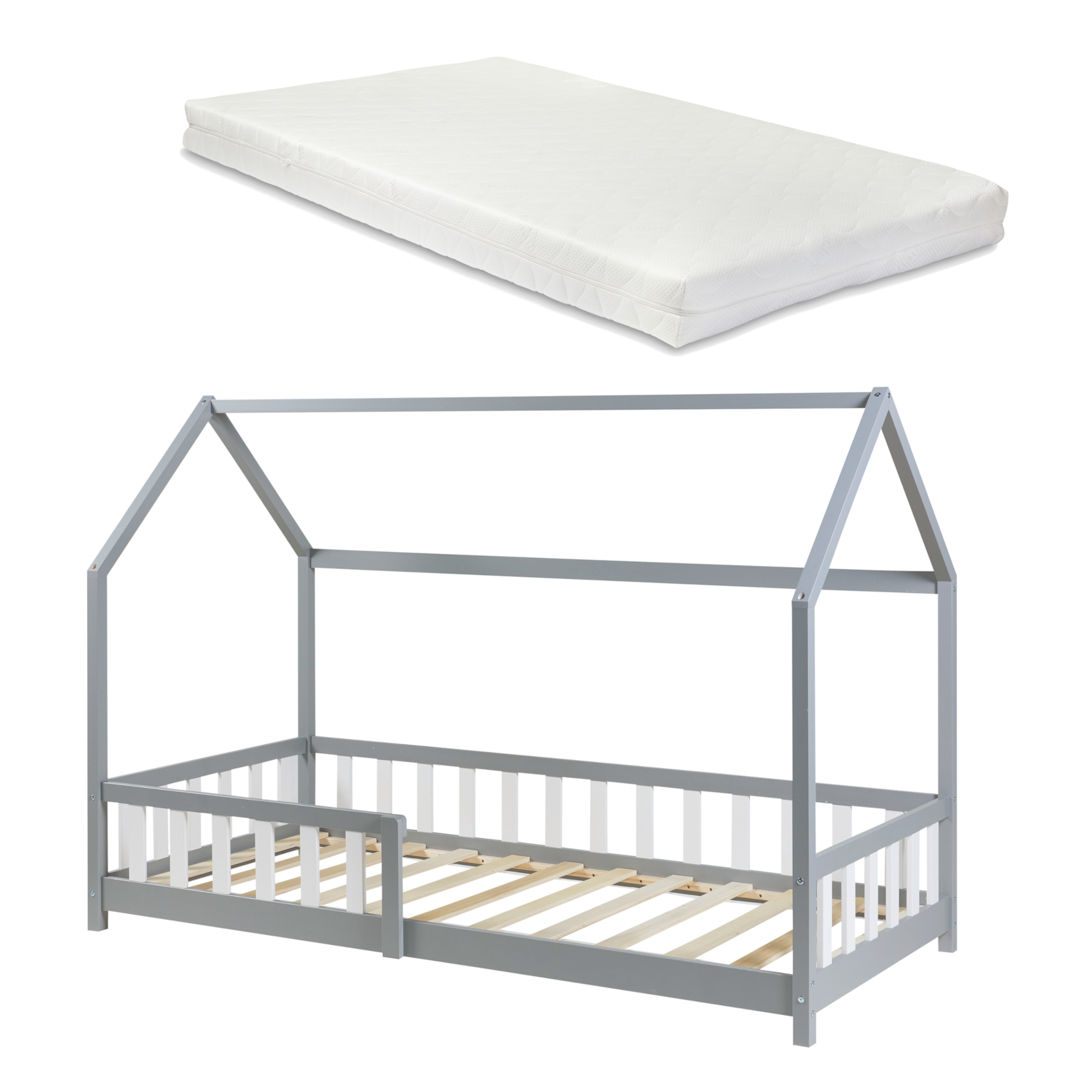 Pat copii tip căsuță Hesel 90x200 cm gri, cu saltea și protecție