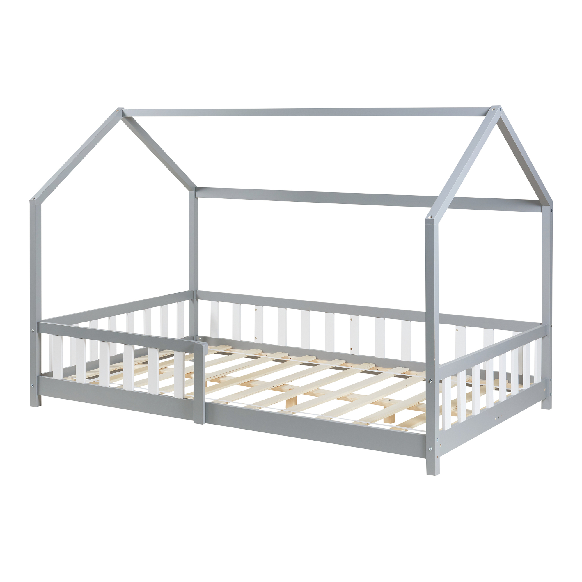 Pat copii tip căsuță Hesel 120x200 cm cu protecție anti-cădere, gri