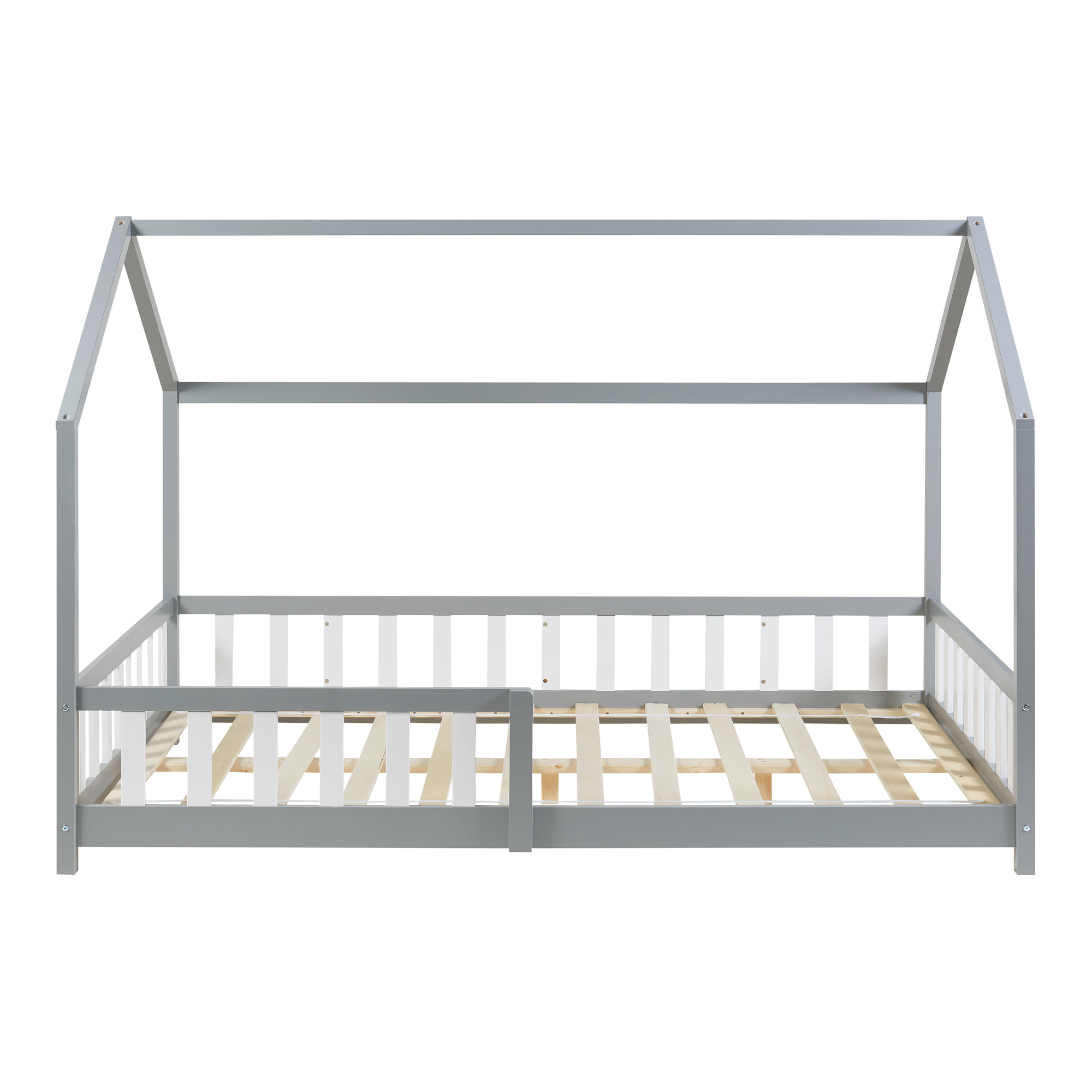 Pat copii tip căsuță Hesel 140x200 cm cu protecție anti-cădere, gri