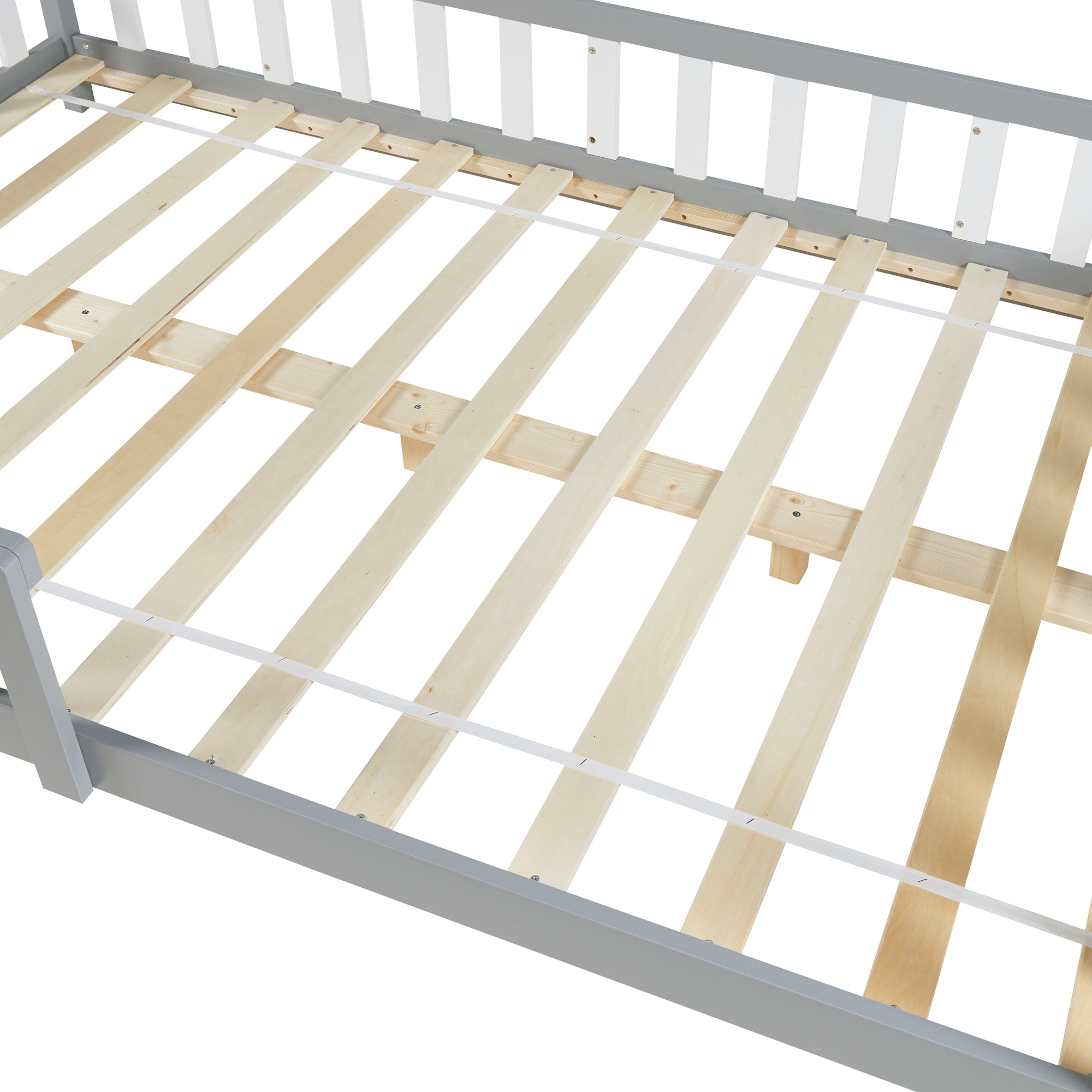 Pat copii tip căsuță Hesel 140x200 cm cu protecție anti-cădere, gri