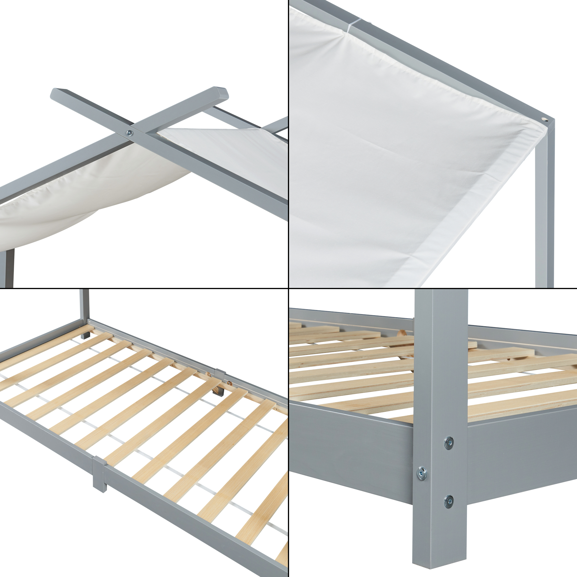 Pat copii tip căsuță Brome din lemn 90x200 cm gri cu somieră