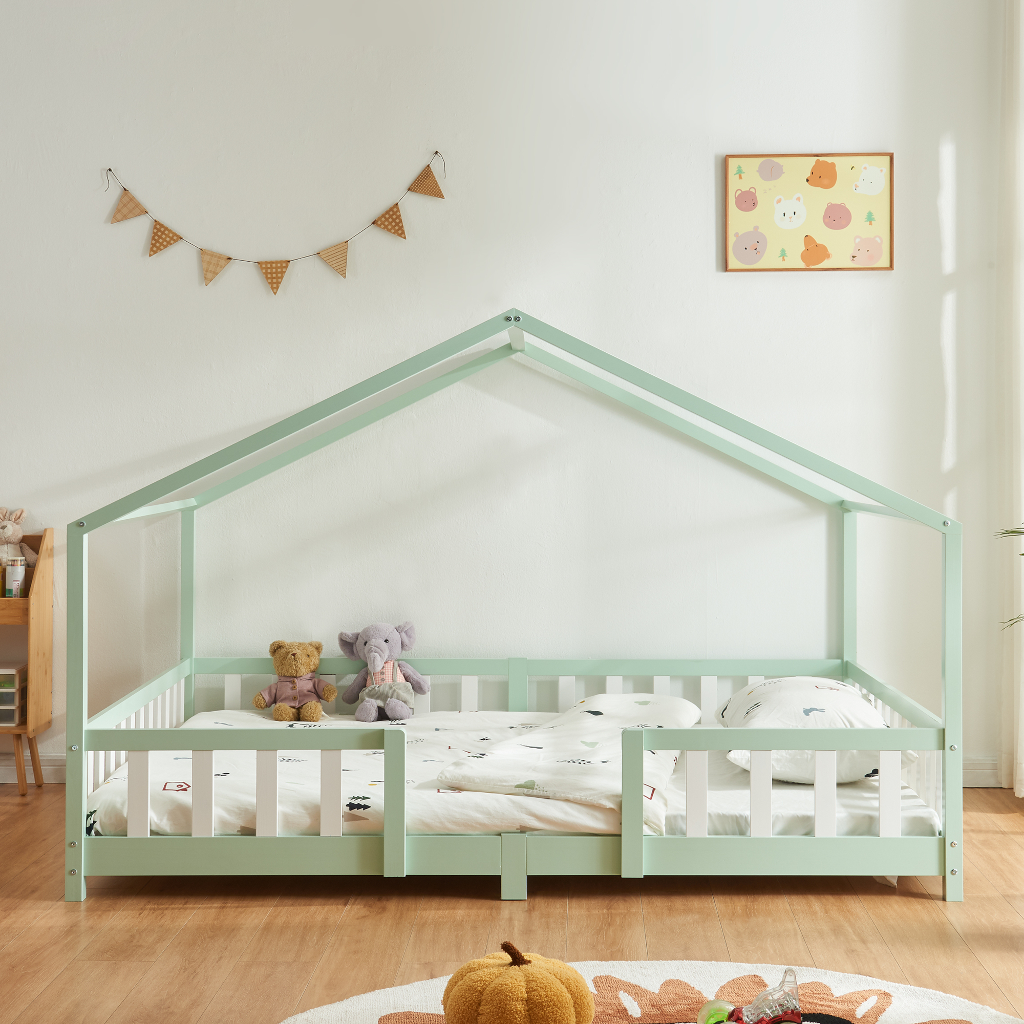 Pat copii tip casă Treviolo 140x200 cm, mentă/alb, din lemn