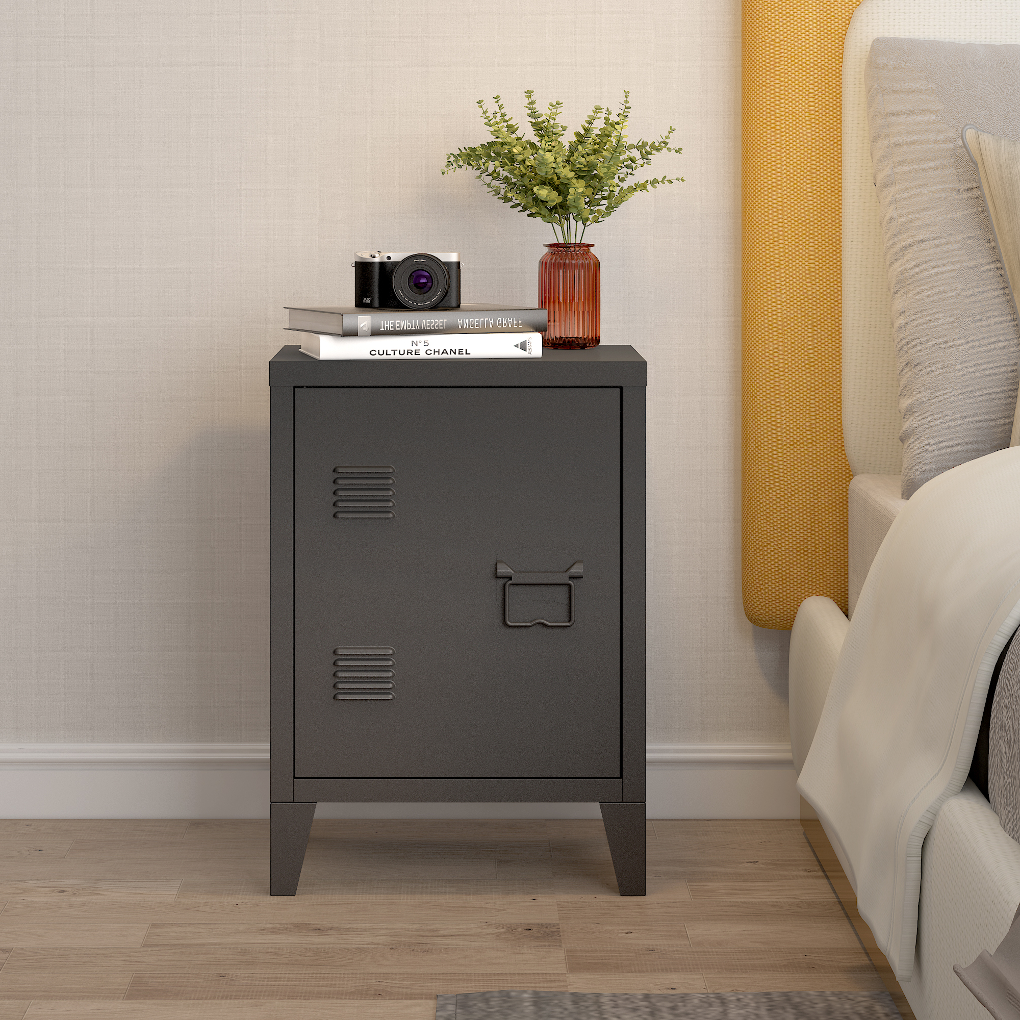 Set 2 noptiere metalice negre Inari cu raft interior, stanga-dreapta