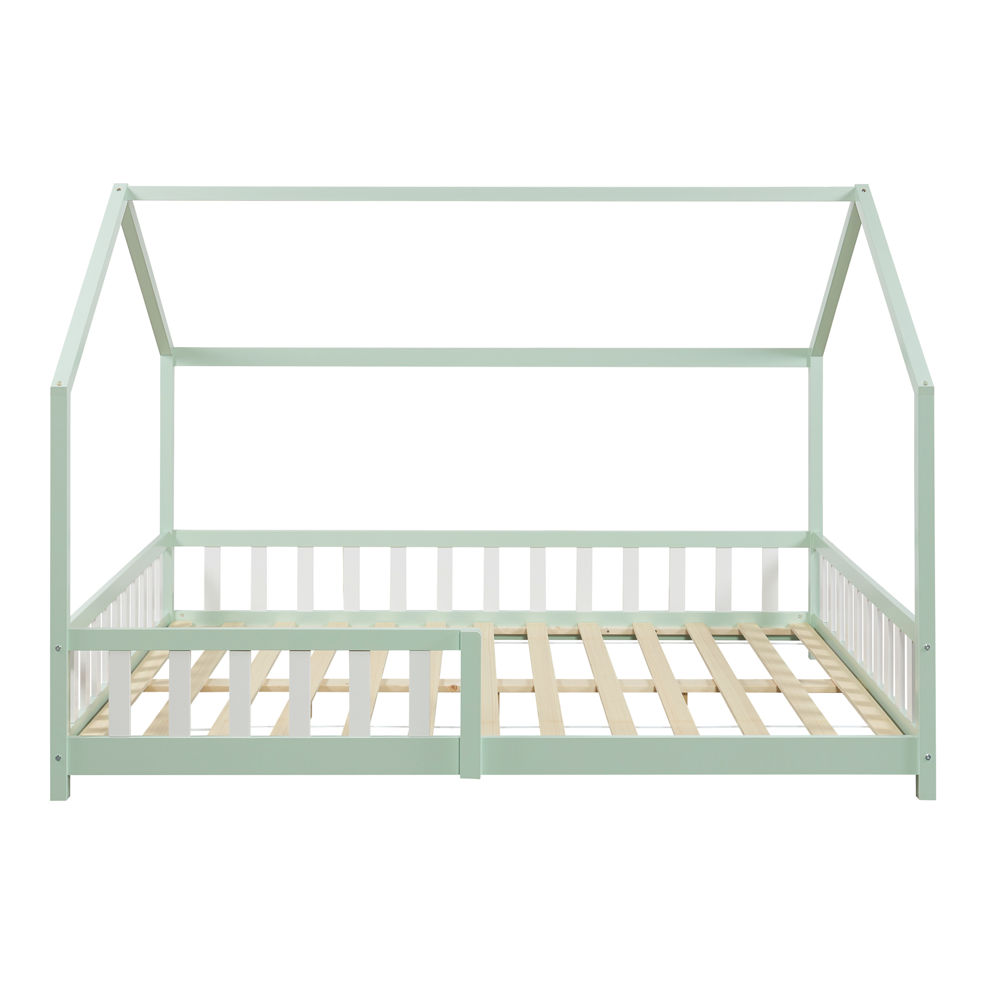 Pat căsuță pentru copii 140x200 cm verde mentă cu protecție anti-cădere