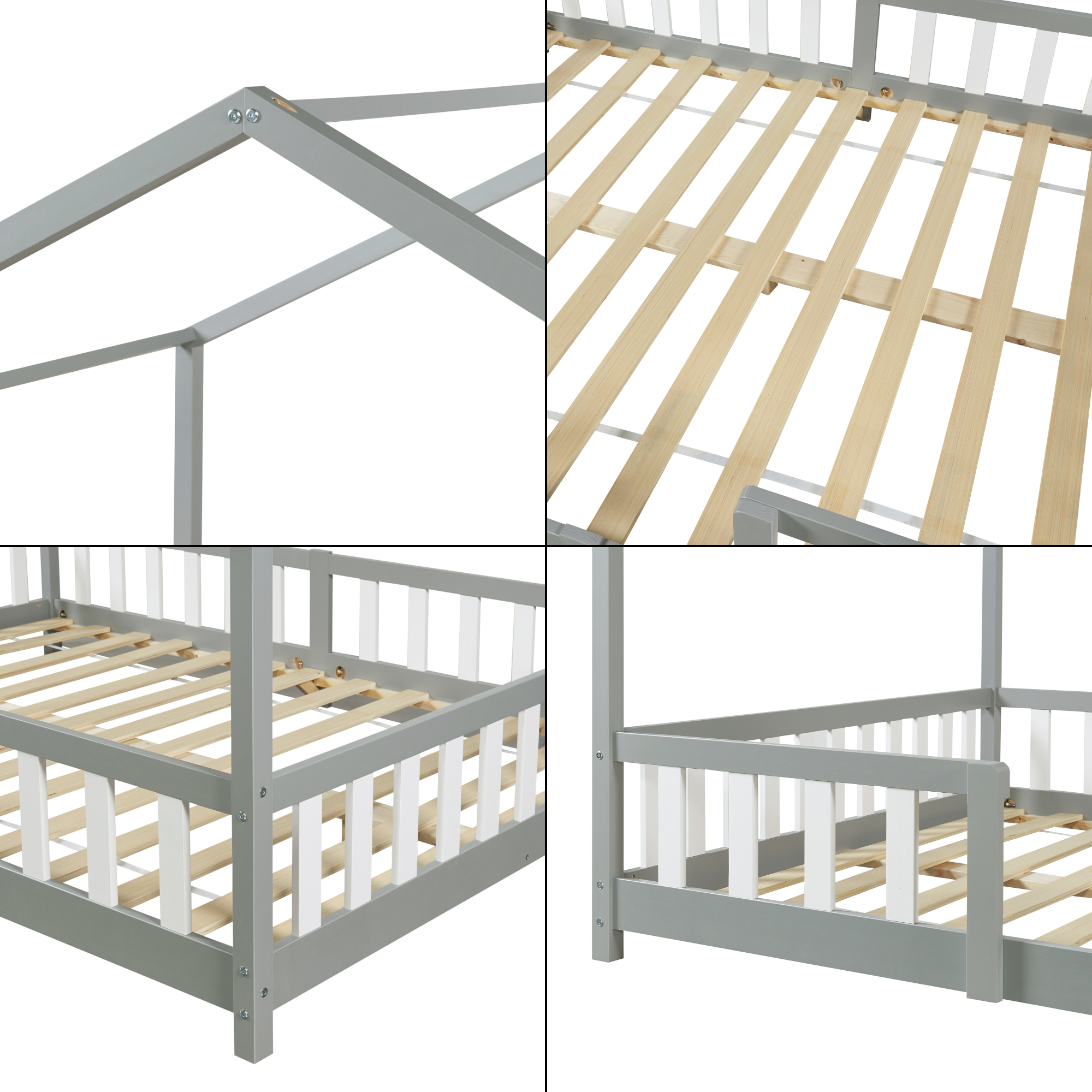 Pat copii tip căsuță Treviolo 140x200 cm gri/alb, din lemn