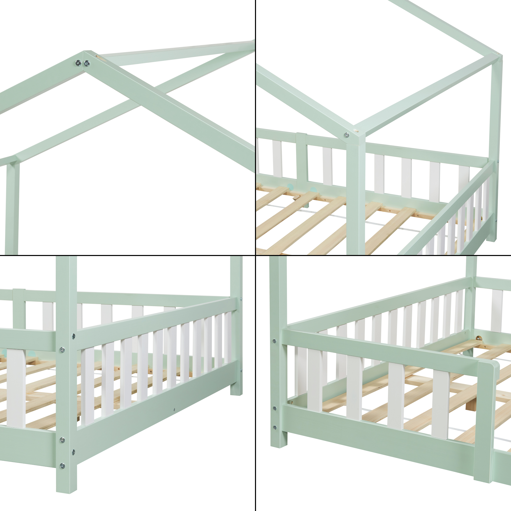 Pat copii tip căsuță Treviolo 140x200 cm cu saltea, mentă/alb