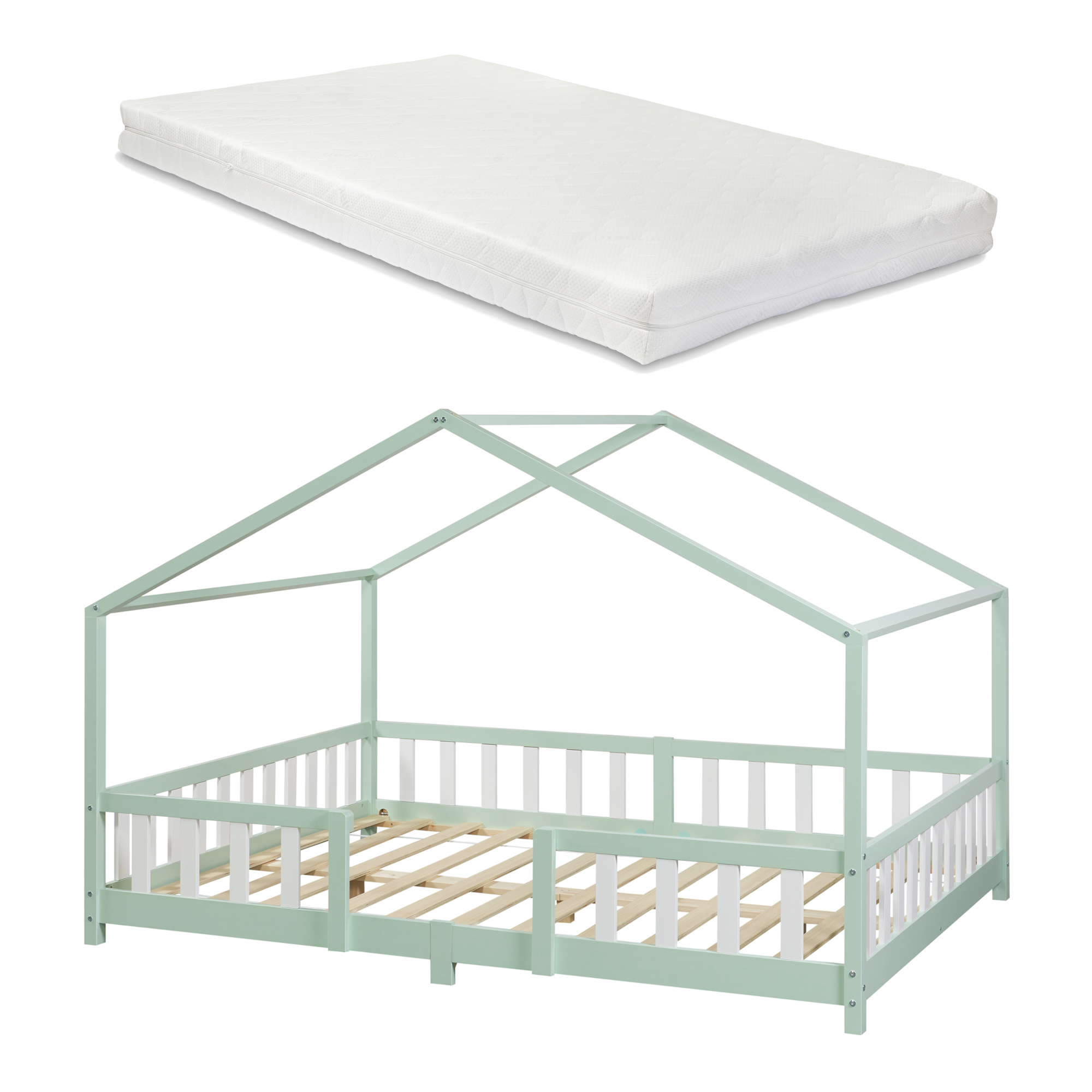 Pat copii tip căsuță Treviolo 140x200 cm cu saltea, mentă/alb