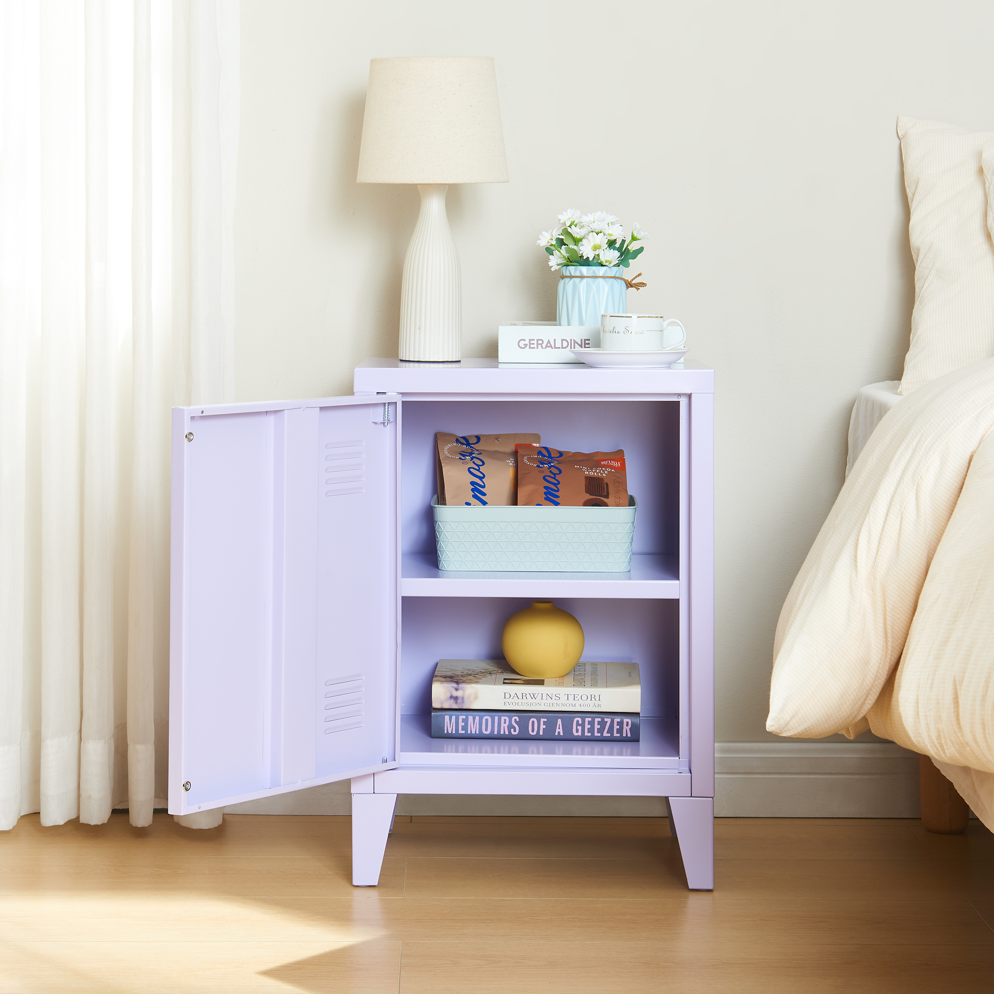 Set 2 noptiere metalice Inari lila cu usa stanga/dreapta, 57 x 40 x 30 cm