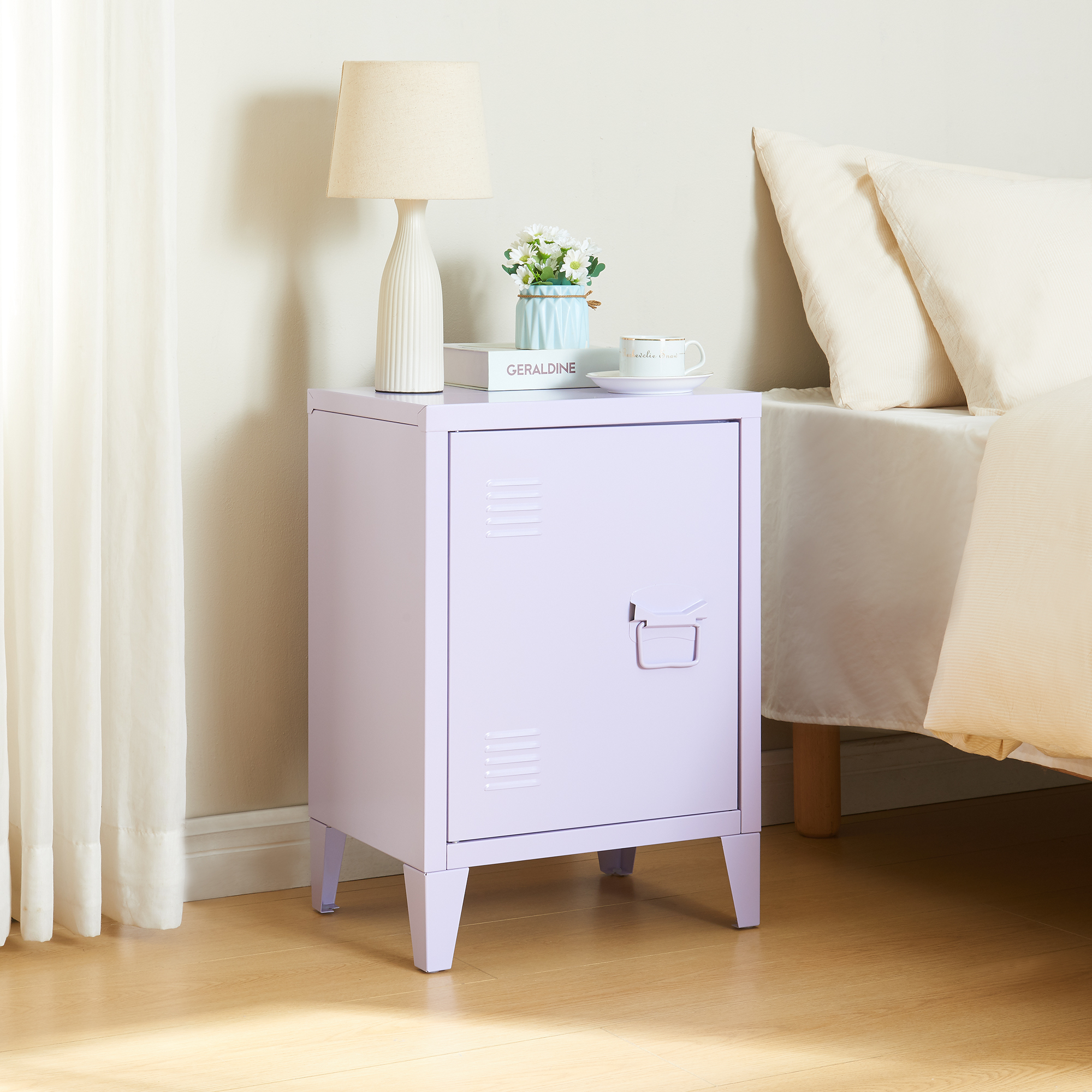 Set 2 noptiere metalice Inari lila cu usa stanga/dreapta, 57 x 40 x 30 cm